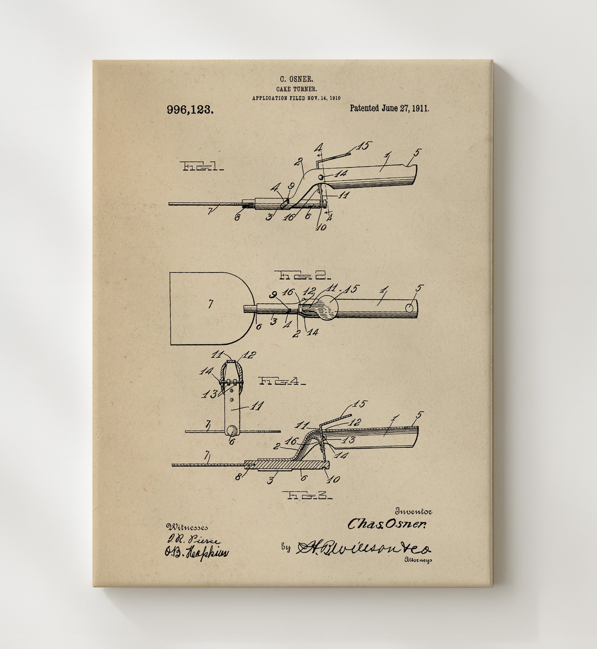 Patent Print - Cake Turner - C. Osner - 1911 - Patent 996123 Patent Wall Art