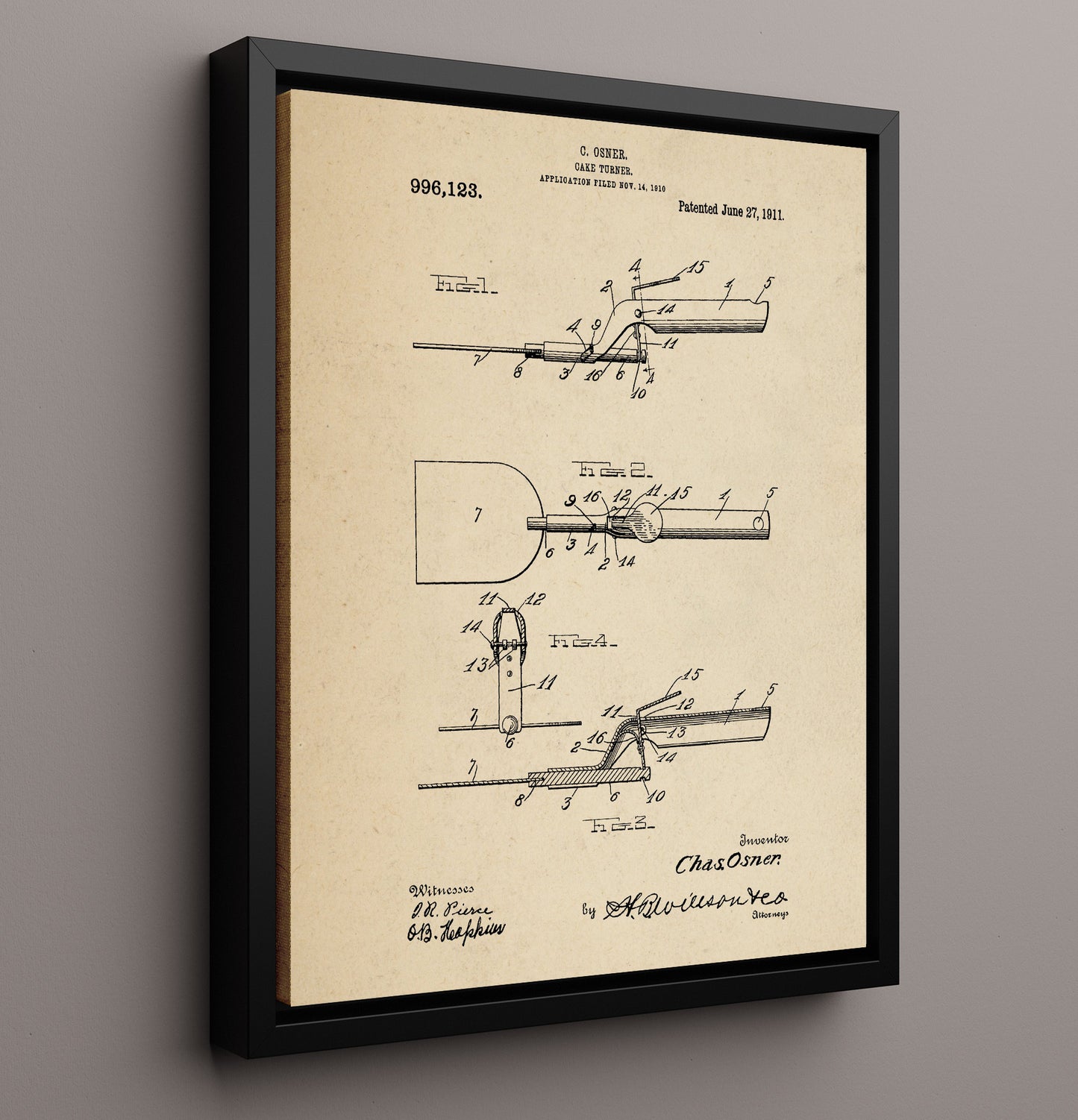 Patent Print - Cake Turner - C. Osner - 1911 - Patent 996123 Patent Wall Art
