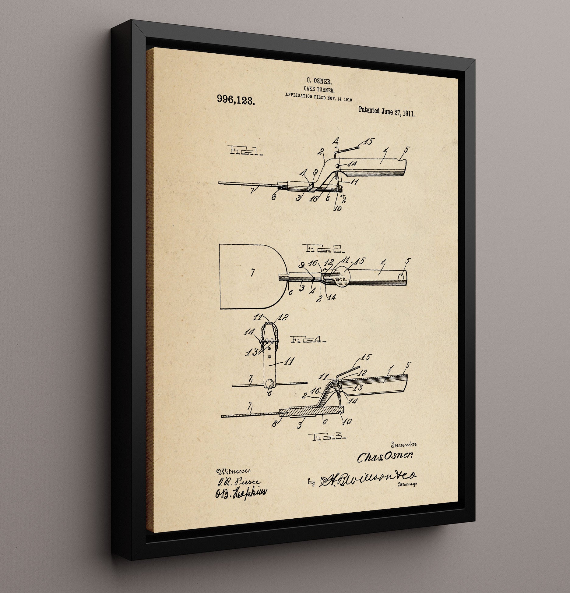 Patent Print - Cake Turner - C. Osner - 1911 - Patent 996123 Patent Wall Art