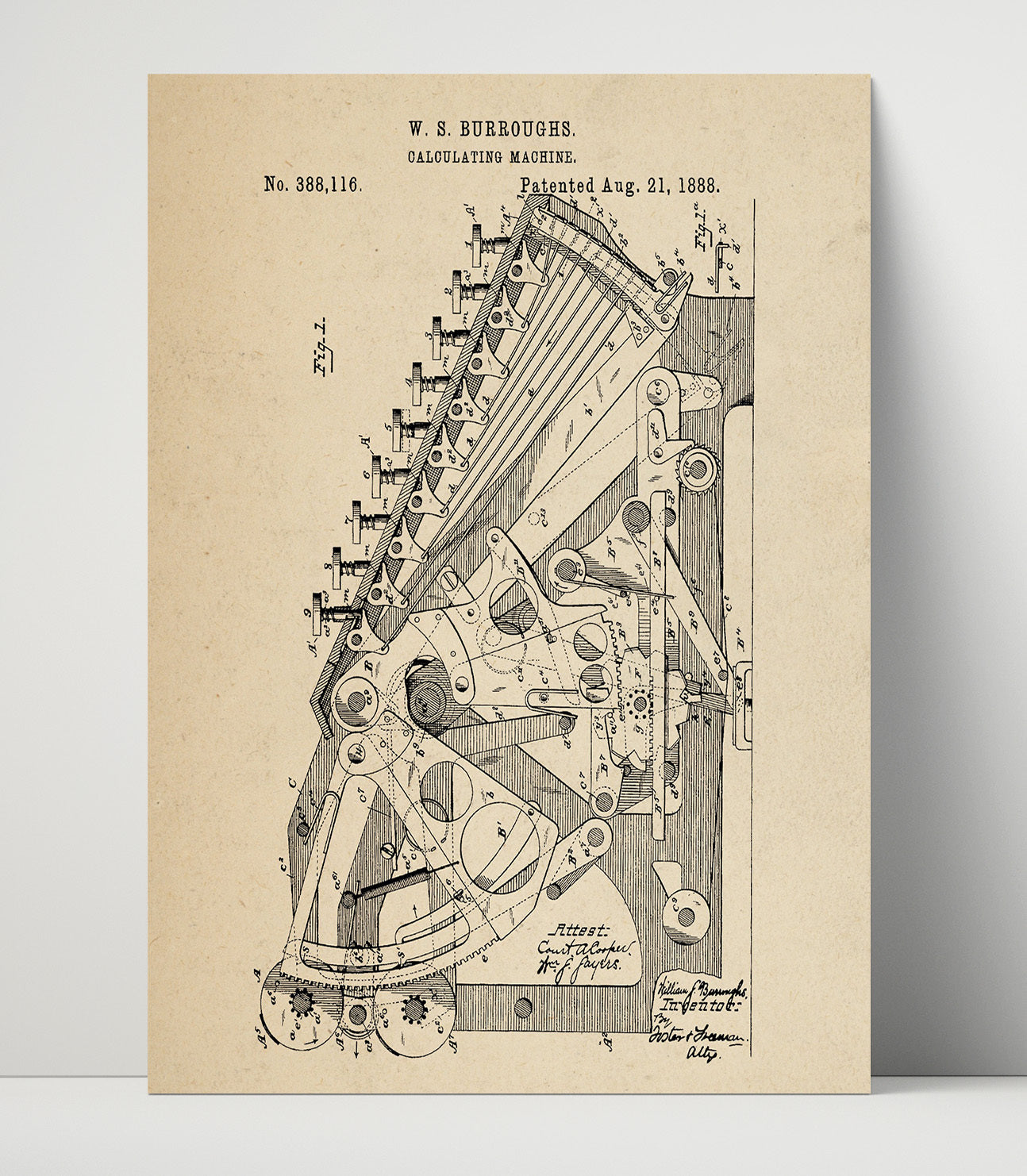 Patent Print - Calculating Machine - William S. Burroughs - 1888 - Patent 388116 Patent Wall Art