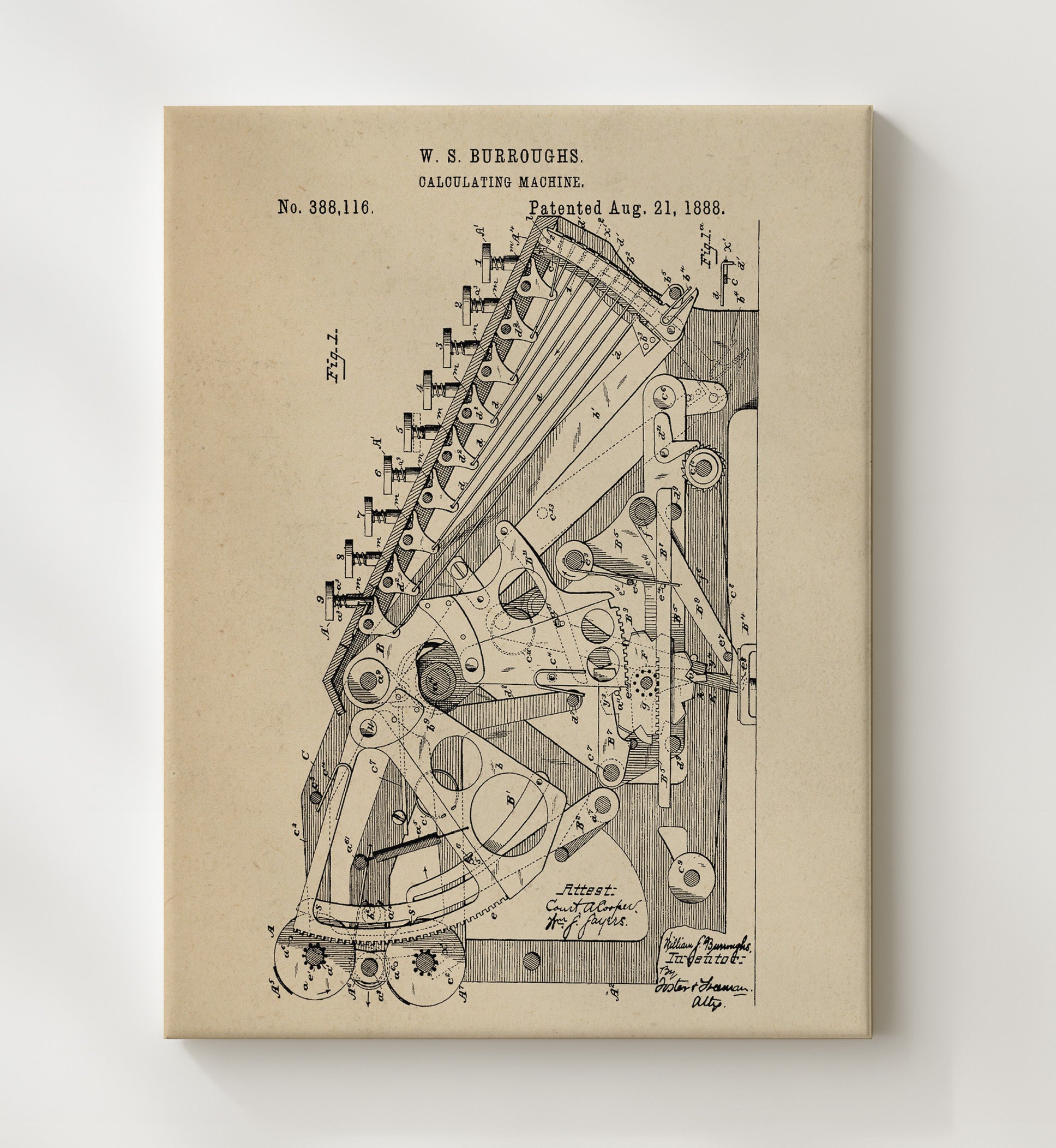 Patent Print - Calculating Machine - William S. Burroughs - 1888 - Patent 388116 Patent Wall Art