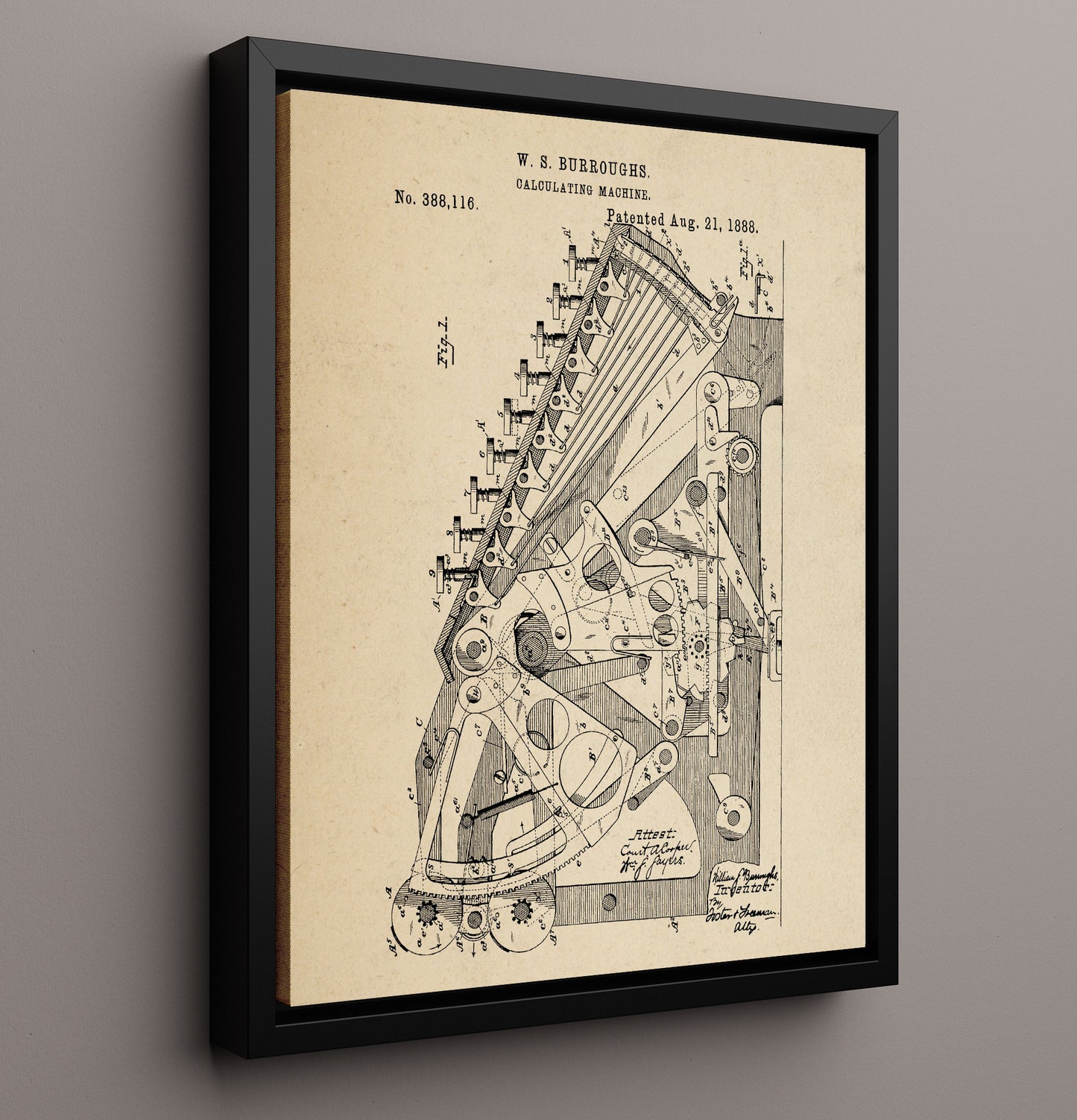 Patent Print - Calculating Machine - William S. Burroughs - 1888 - Patent 388116 Patent Wall Art