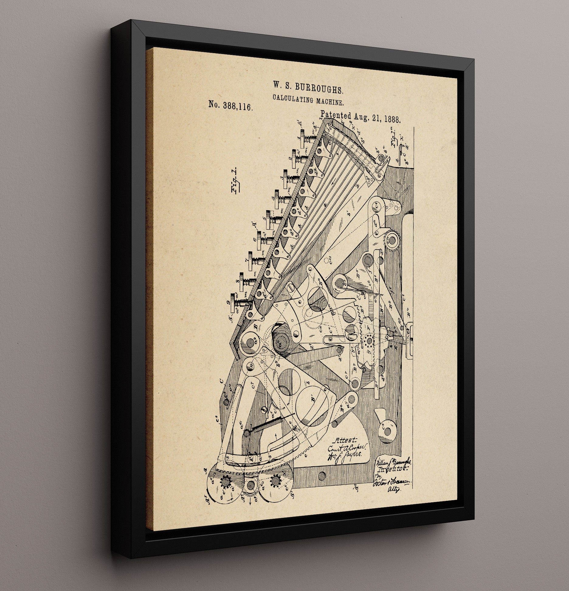 Patent Print - Calculating Machine - William S. Burroughs - 1888 - Patent 388116 Patent Wall Art