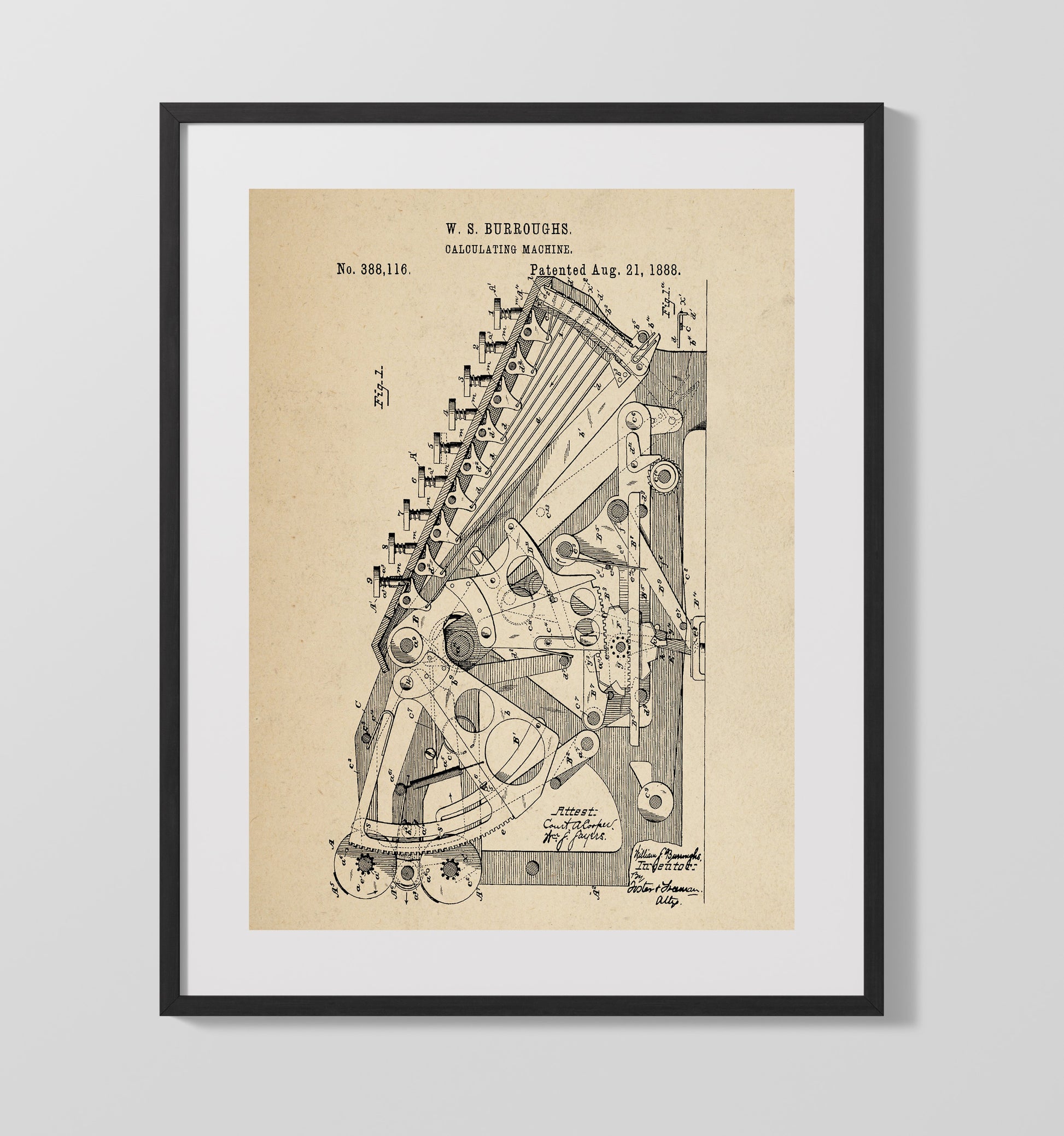Patent Print - Calculating Machine - William S. Burroughs - 1888 - Patent 388116 Patent Wall Art