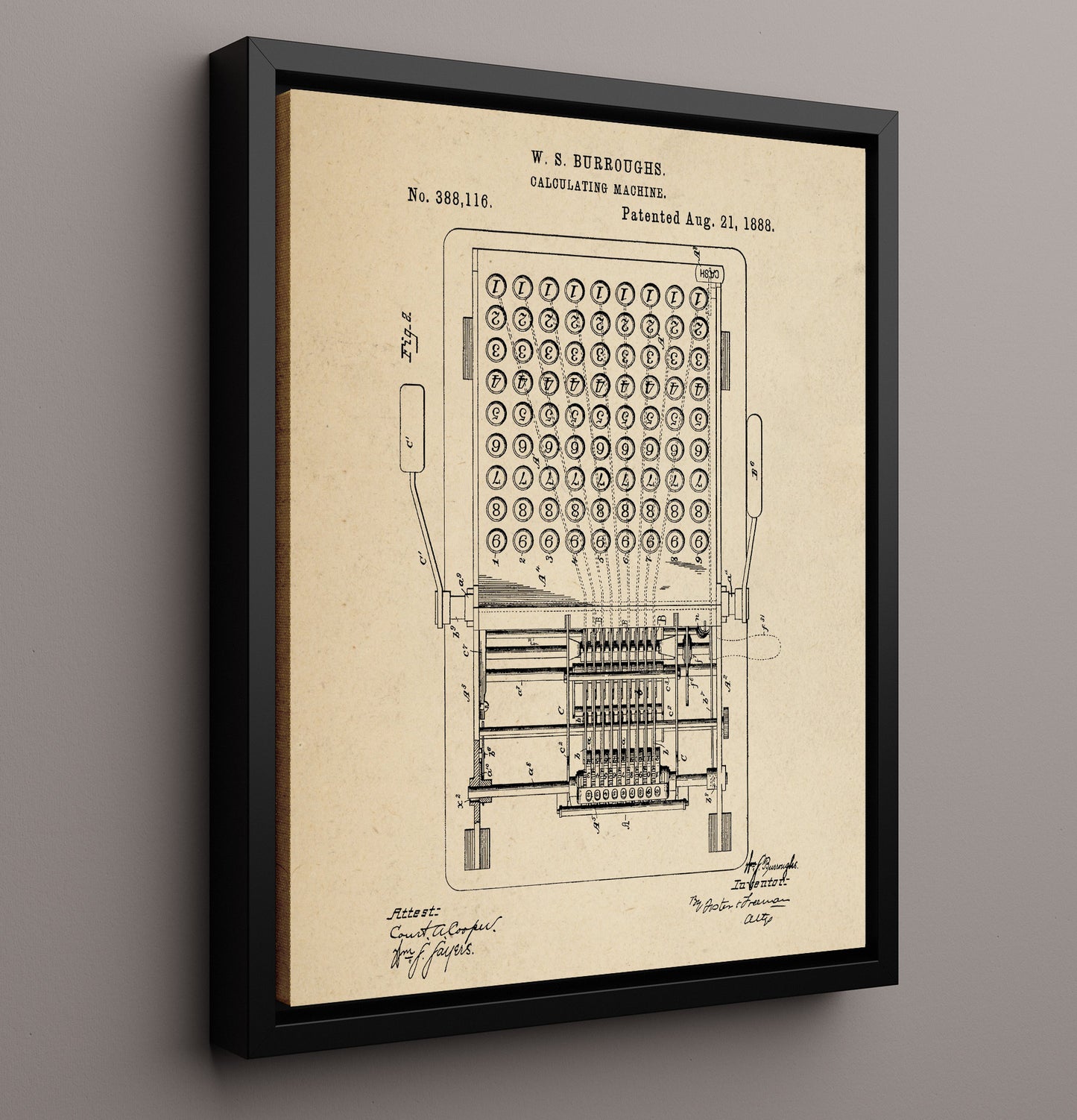 Patent Print - Calculating Machine Internal Mechanism - William S. Burroughs - 1888 - Patent 388116 Patent Wall Art