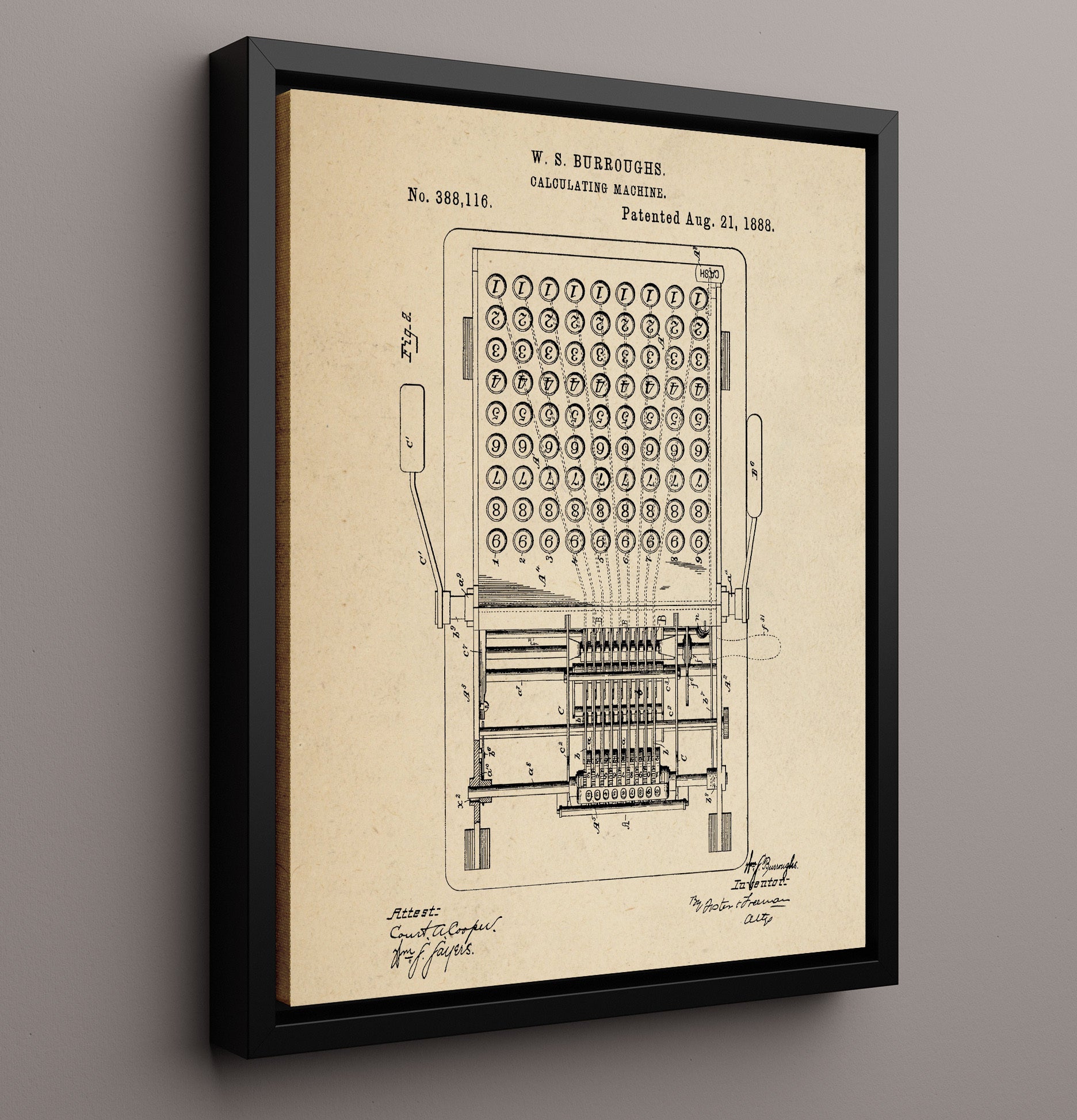 Patent Print - Calculating Machine Internal Mechanism - William S. Burroughs - 1888 - Patent 388116 Patent Wall Art