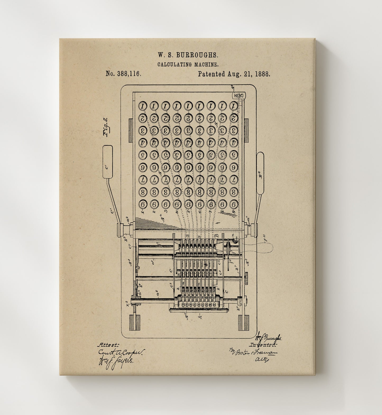 Patent Print - Calculating Machine Internal Mechanism - William S. Burroughs - 1888 - Patent 388116 Patent Wall Art