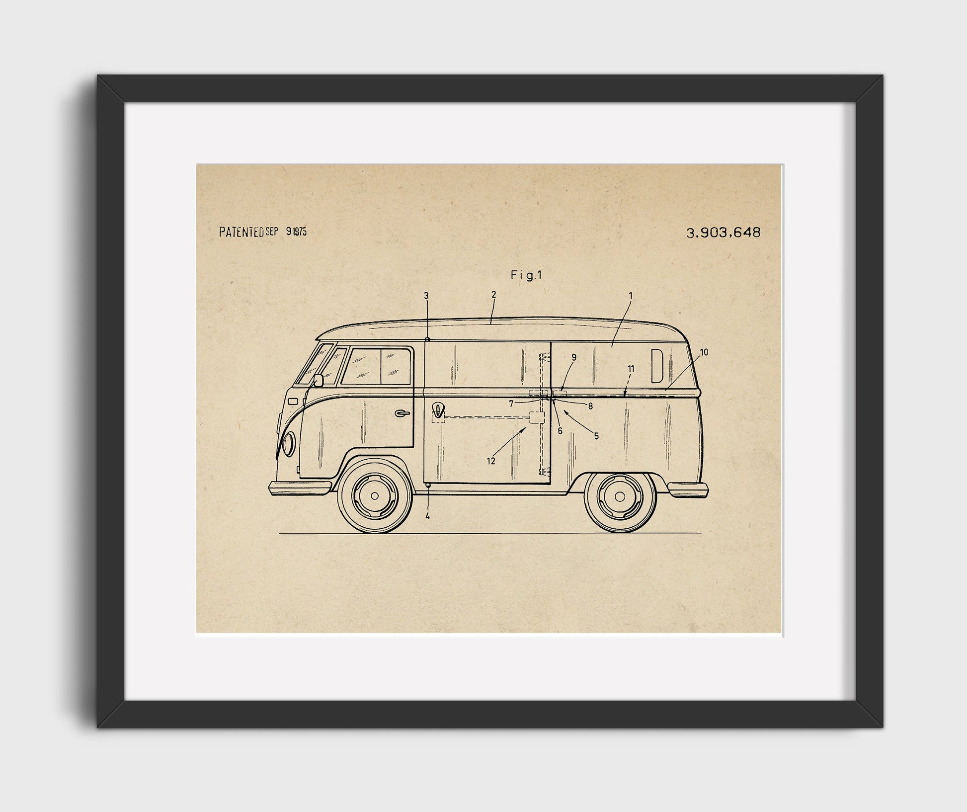 Patent Print - Camper Van Sliding Door System - Unknown Inventor - 1975 - Patent 3903648 - Landscape Patent Wall Art