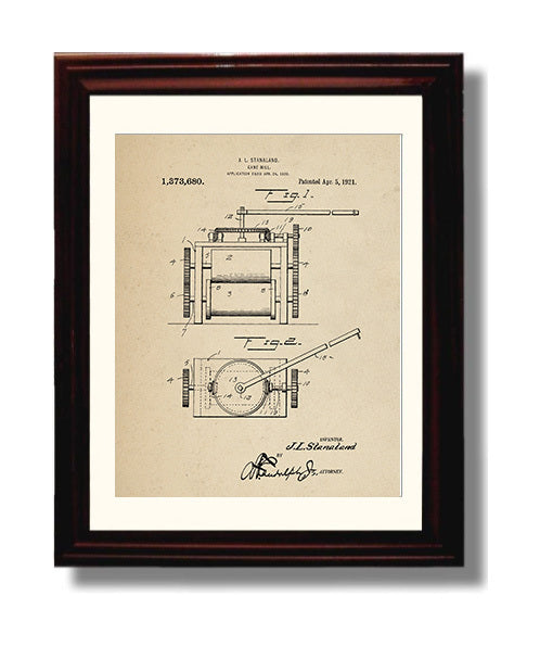 Patent Print - Cane Mill - J.L. Stanaland - 1921 - Patent 1373680 Patent Wall Art