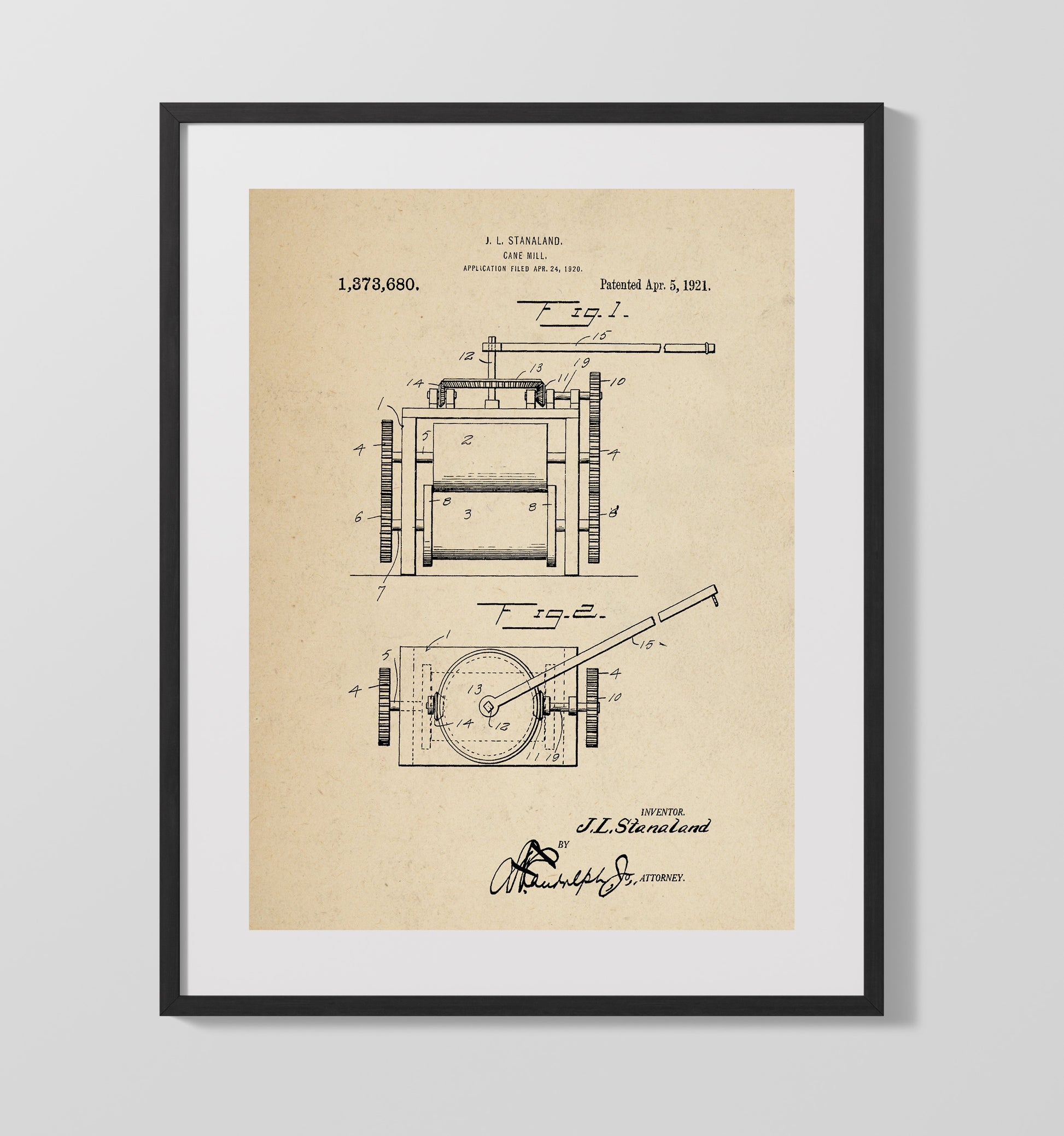 Patent Print - Cane Mill - J.L. Stanaland - 1921 - Patent 1373680 Patent Wall Art