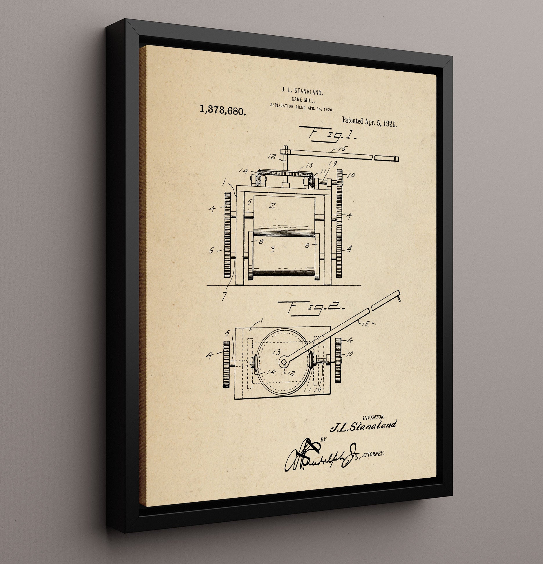 Patent Print - Cane Mill - J.L. Stanaland - 1921 - Patent 1373680 Patent Wall Art