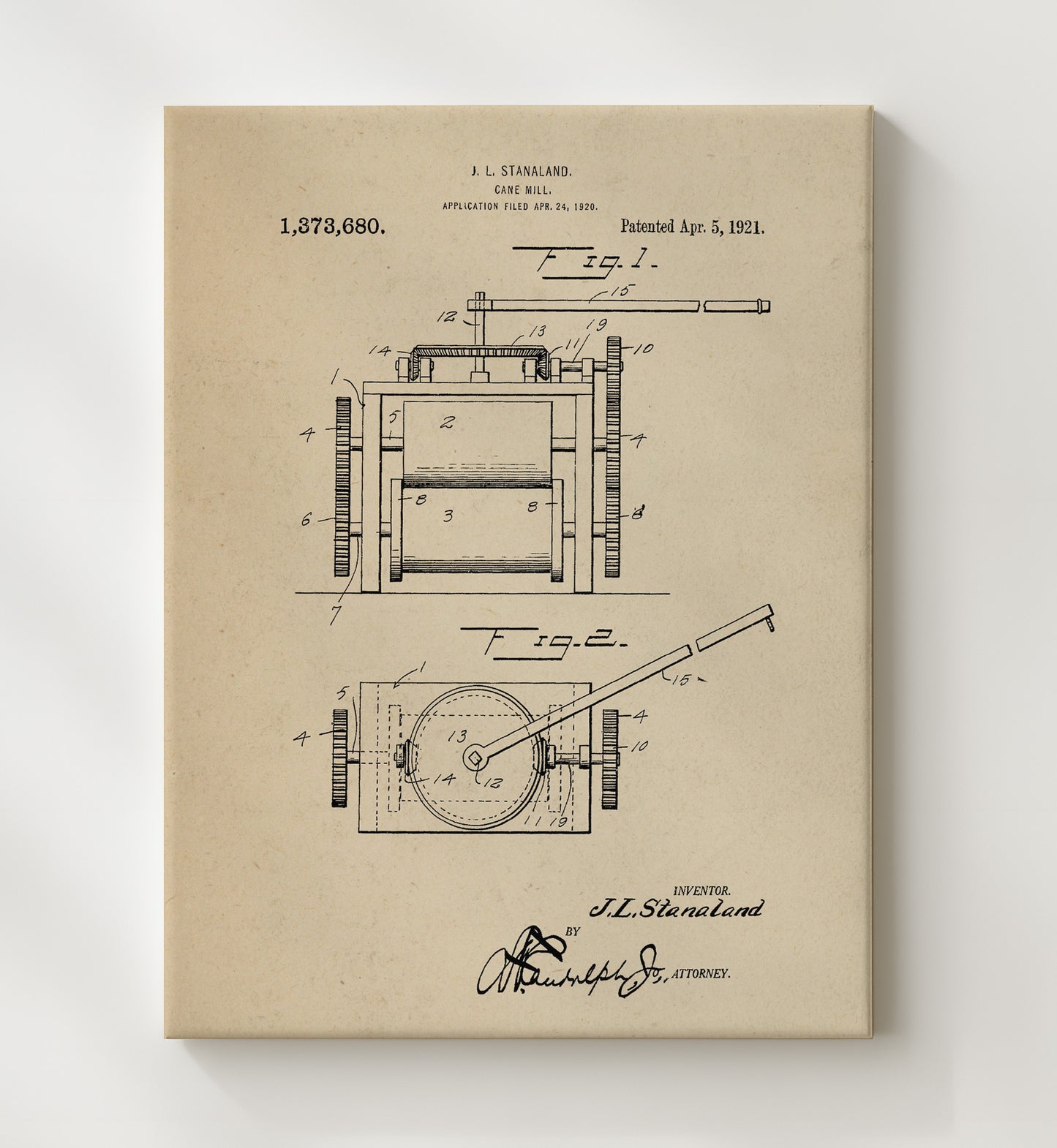 Patent Print - Cane Mill - J.L. Stanaland - 1921 - Patent 1373680 Patent Wall Art