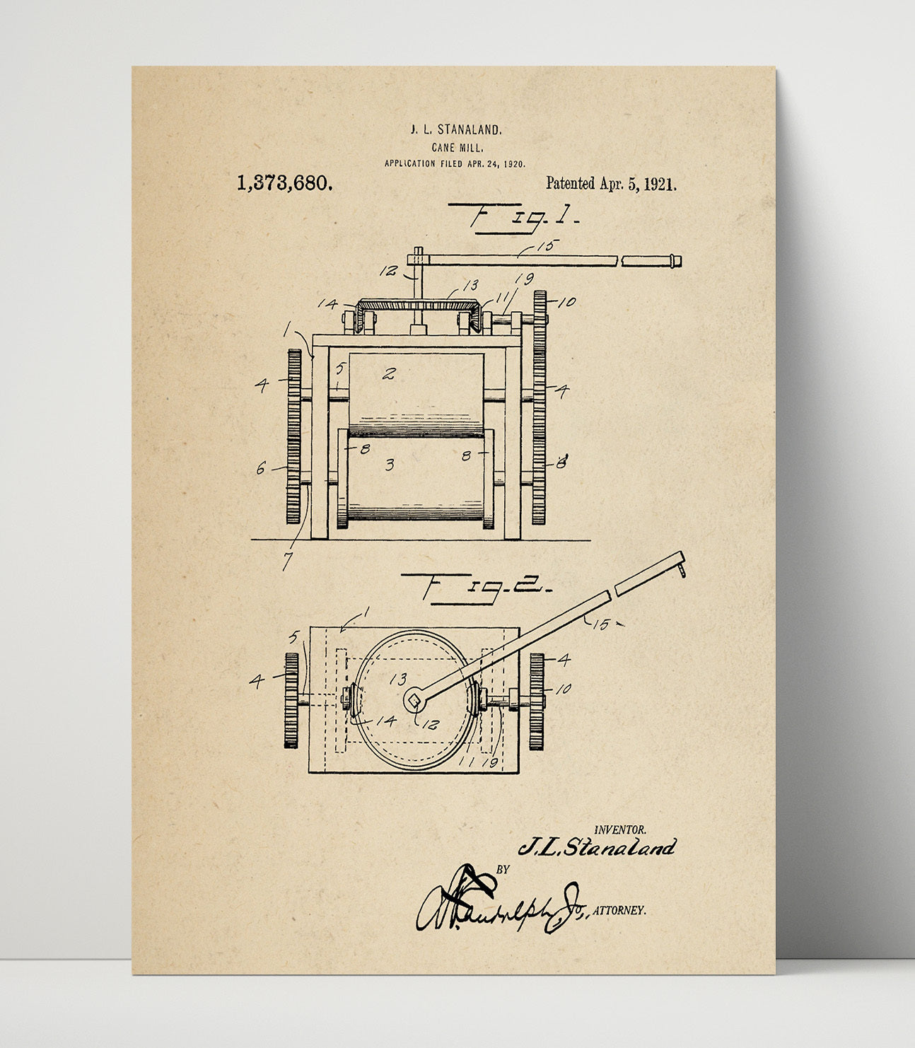 Patent Print - Cane Mill - J.L. Stanaland - 1921 - Patent 1373680 Patent Wall Art