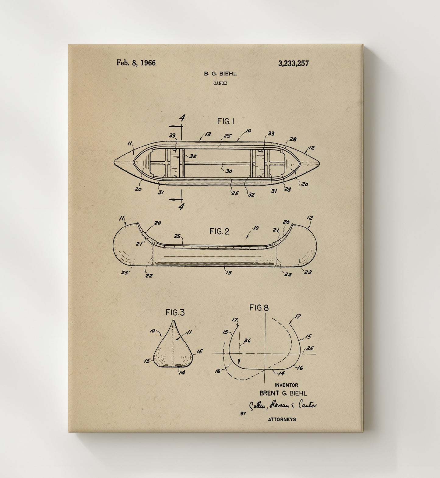 Patent Print - Canoe - Brent G Biehl - 1966 - Patent 3233257 Patent Wall Art