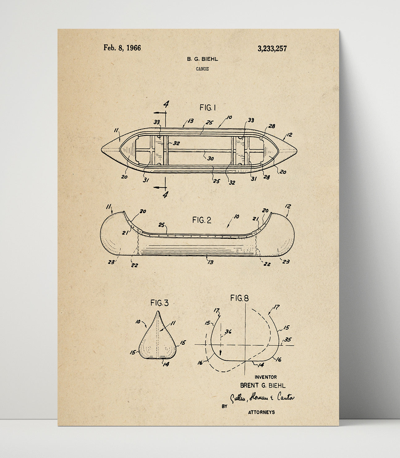 Patent Print - Canoe - Brent G Biehl - 1966 - Patent 3233257 Patent Wall Art
