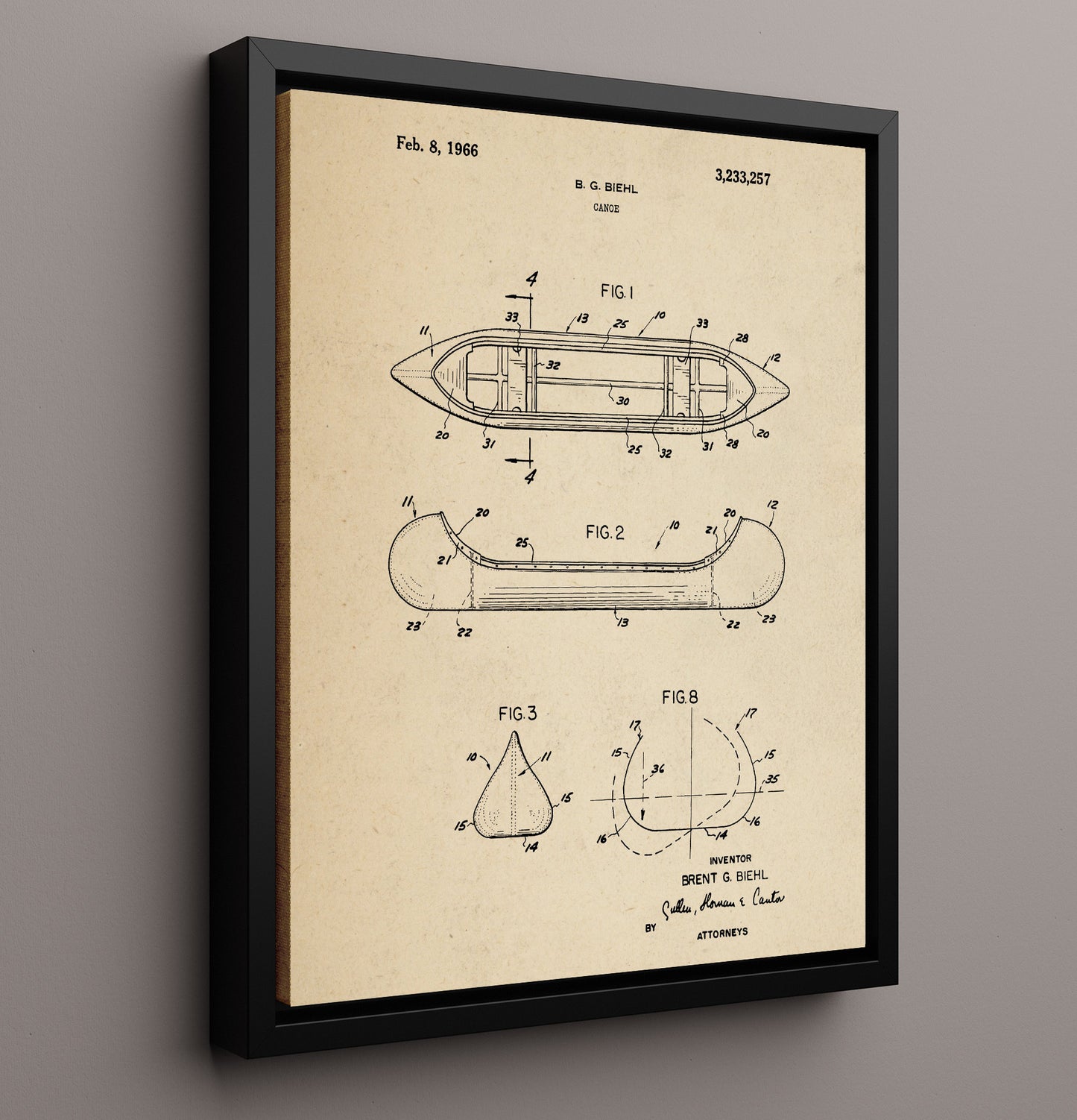 Patent Print - Canoe - Brent G Biehl - 1966 - Patent 3233257 Patent Wall Art