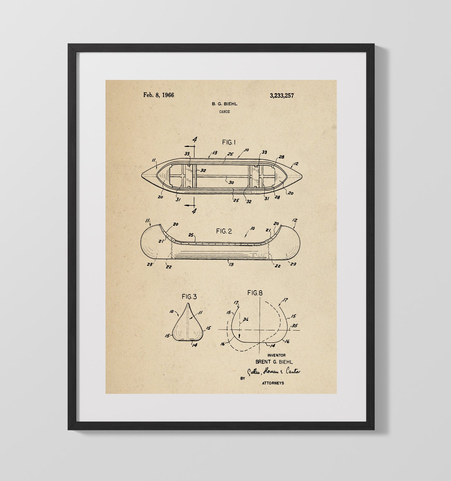 Patent Print - Canoe - Brent G Biehl - 1966 - Patent 3233257 Patent Wall Art
