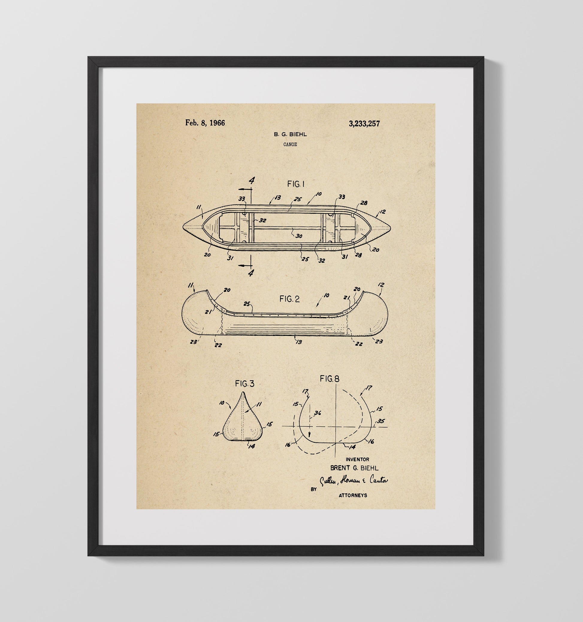 Patent Print - Canoe - Brent G Biehl - 1966 - Patent 3233257 Patent Wall Art