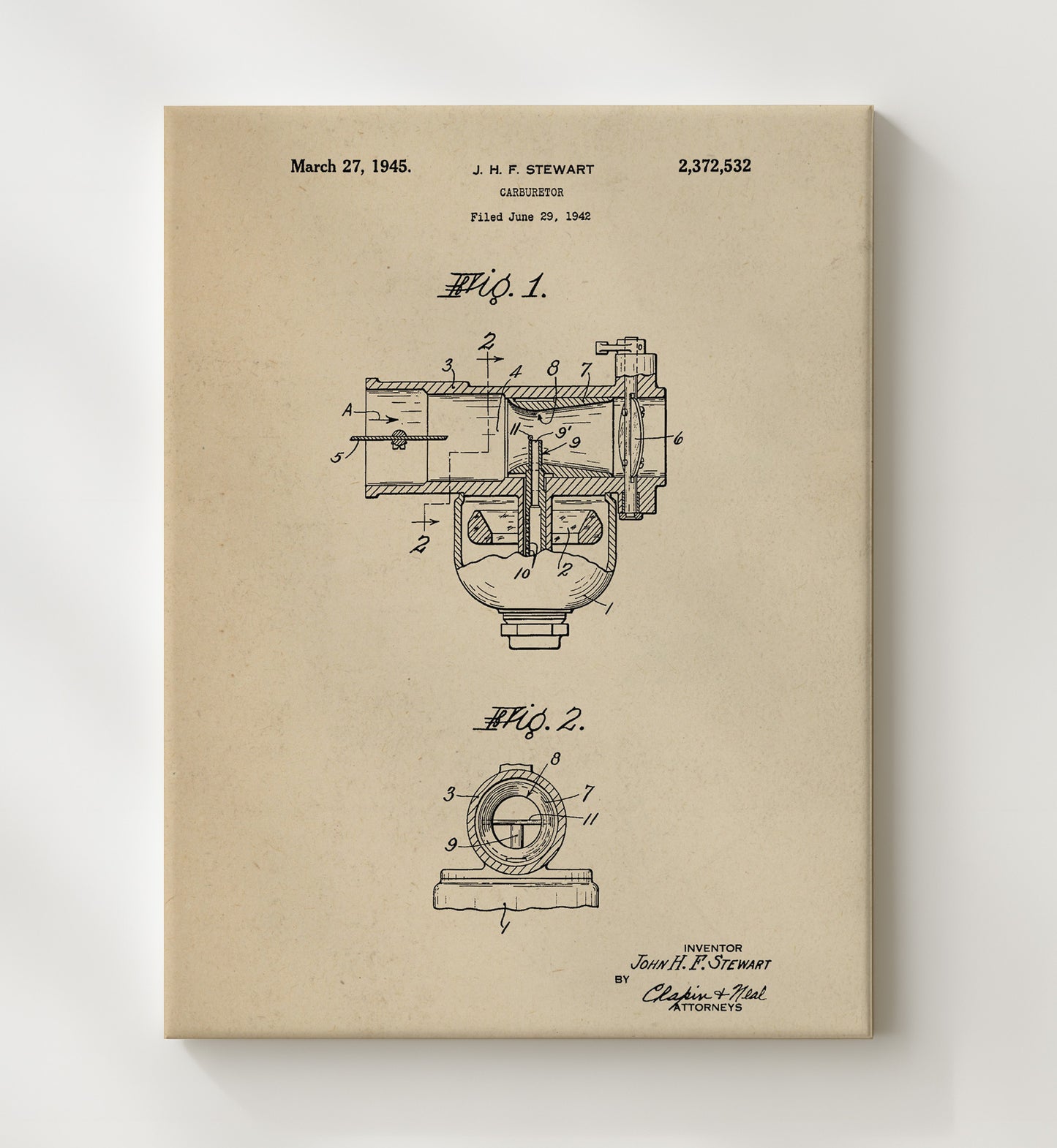Patent Print - Carburetor - John H F Stewart - 1945 - Patent 2372532 Patent Wall Art