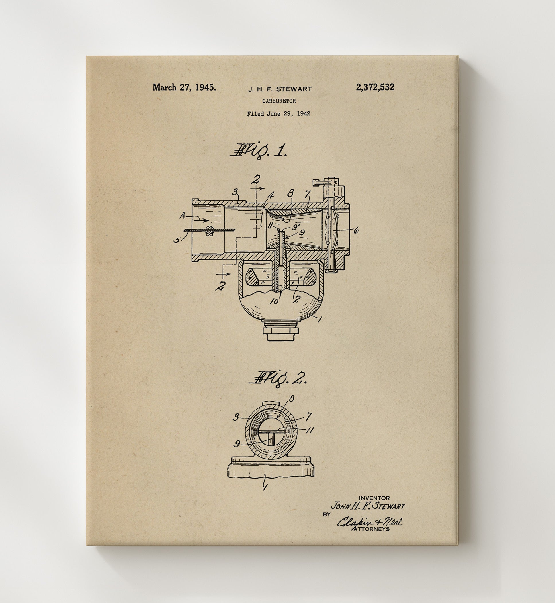 Patent Print - Carburetor - John H F Stewart - 1945 - Patent 2372532 Patent Wall Art