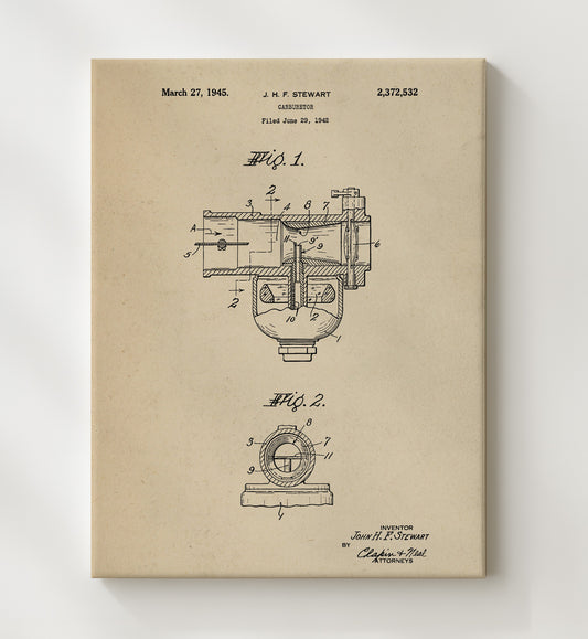 Carburetor 1945 patent print wall art 8x10 Canvas