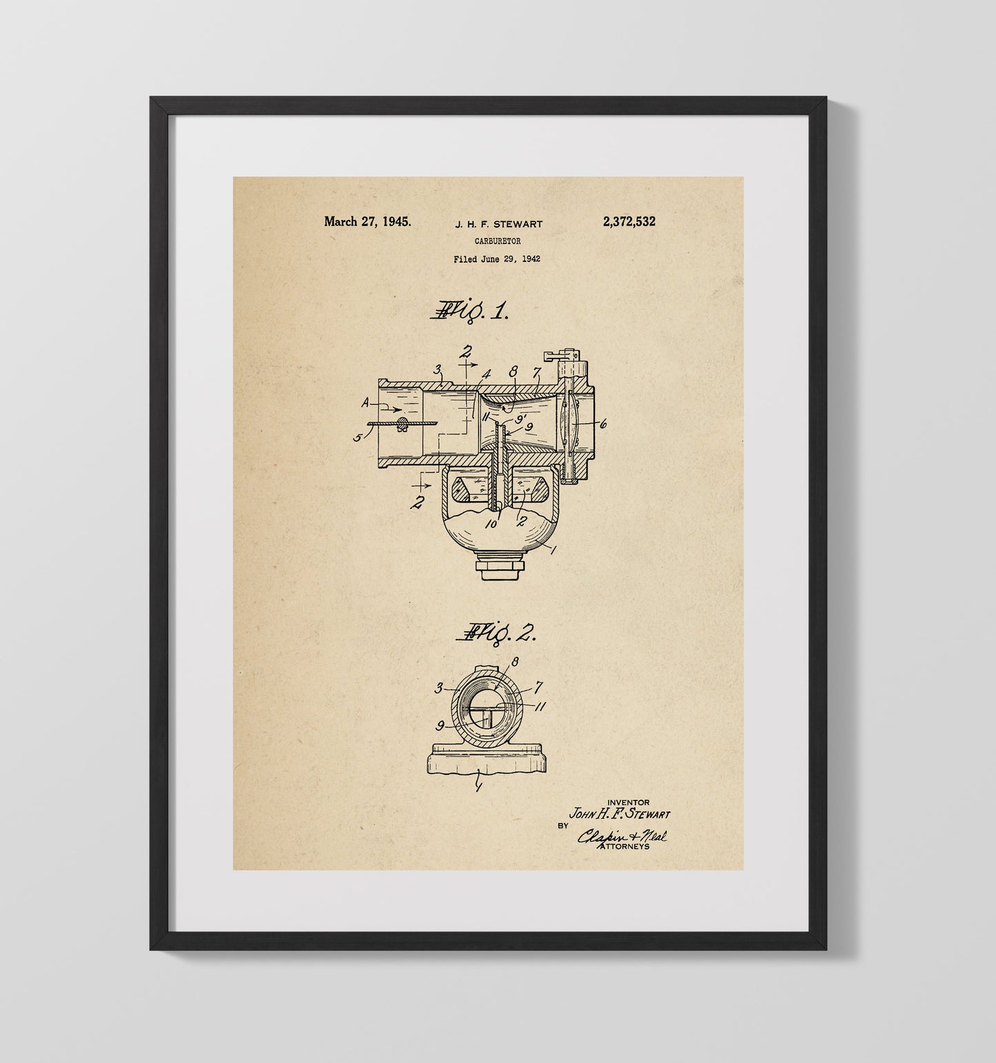 Patent Print - Carburetor - John H F Stewart - 1945 - Patent 2372532 Patent Wall Art