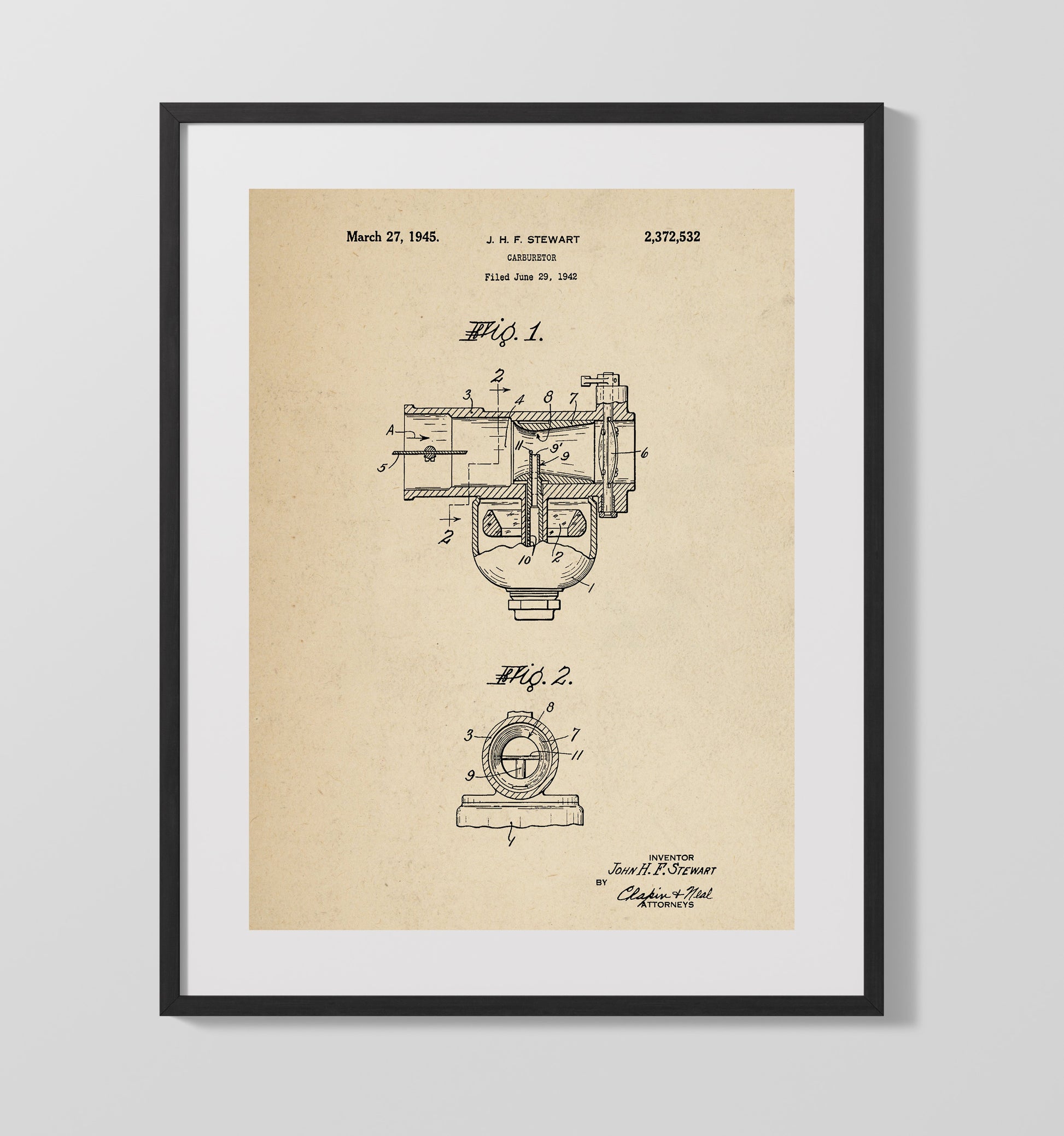 Patent Print - Carburetor - John H F Stewart - 1945 - Patent 2372532 Patent Wall Art