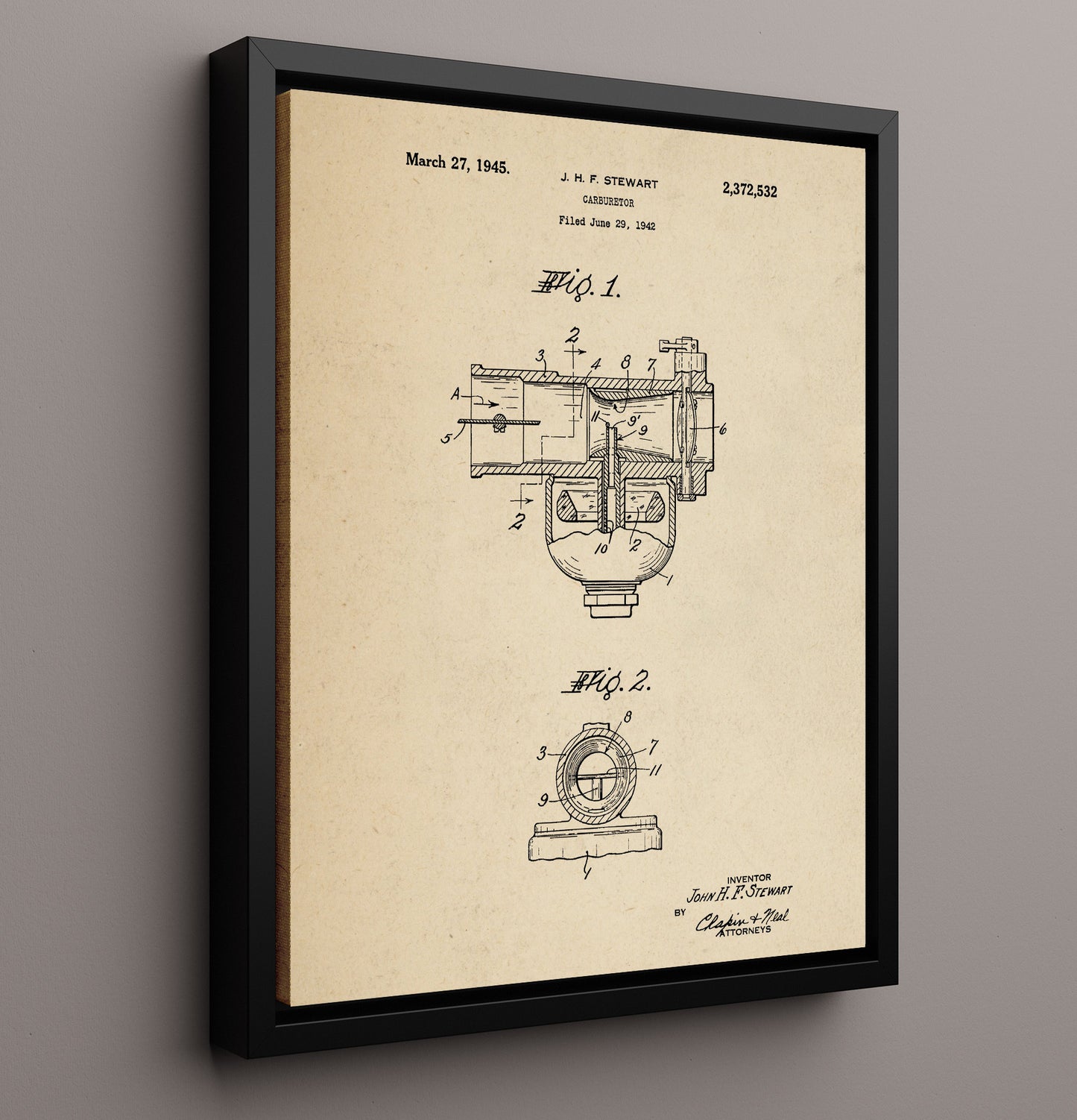 Patent Print - Carburetor - John H F Stewart - 1945 - Patent 2372532 Patent Wall Art