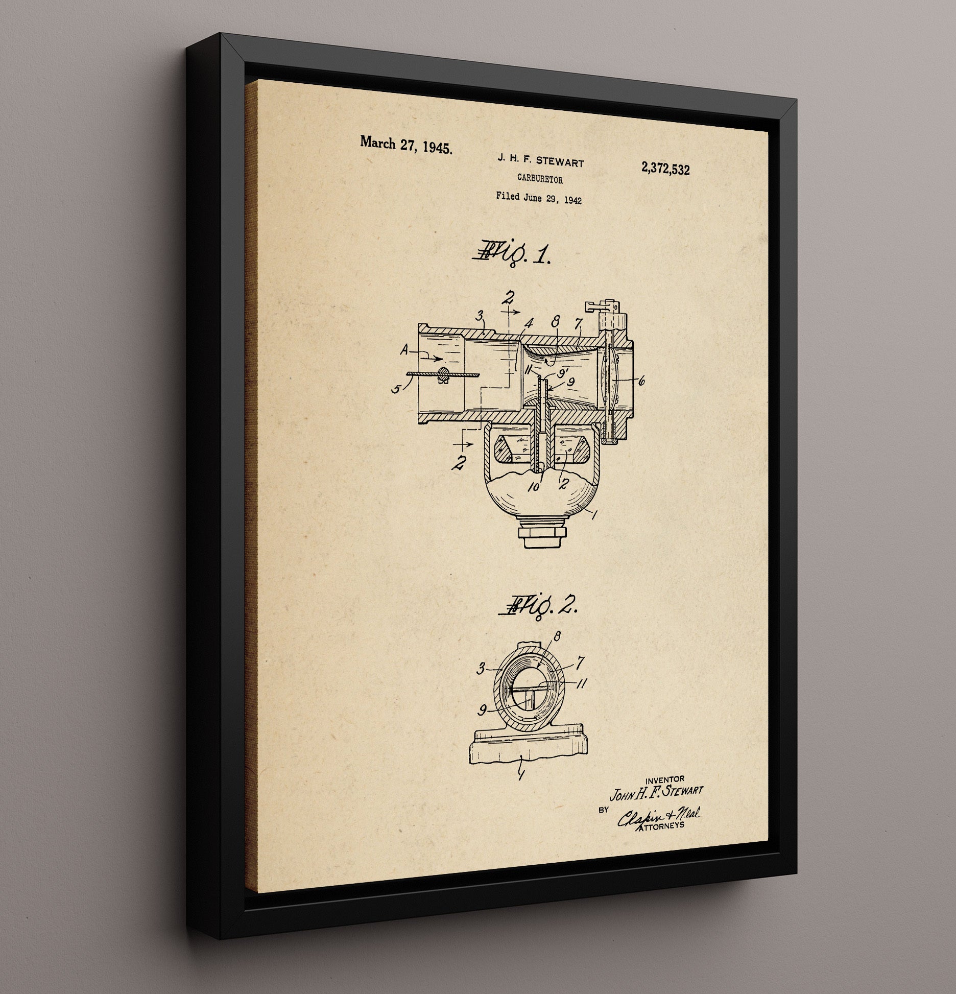 Patent Print - Carburetor - John H F Stewart - 1945 - Patent 2372532 Patent Wall Art