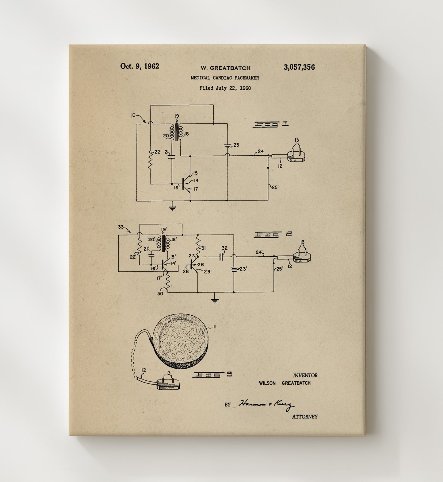 Patent Print - Cardiac Pacemaker - Wilson Greatbatch - 1962 - Patent 3057356 Patent Wall Art