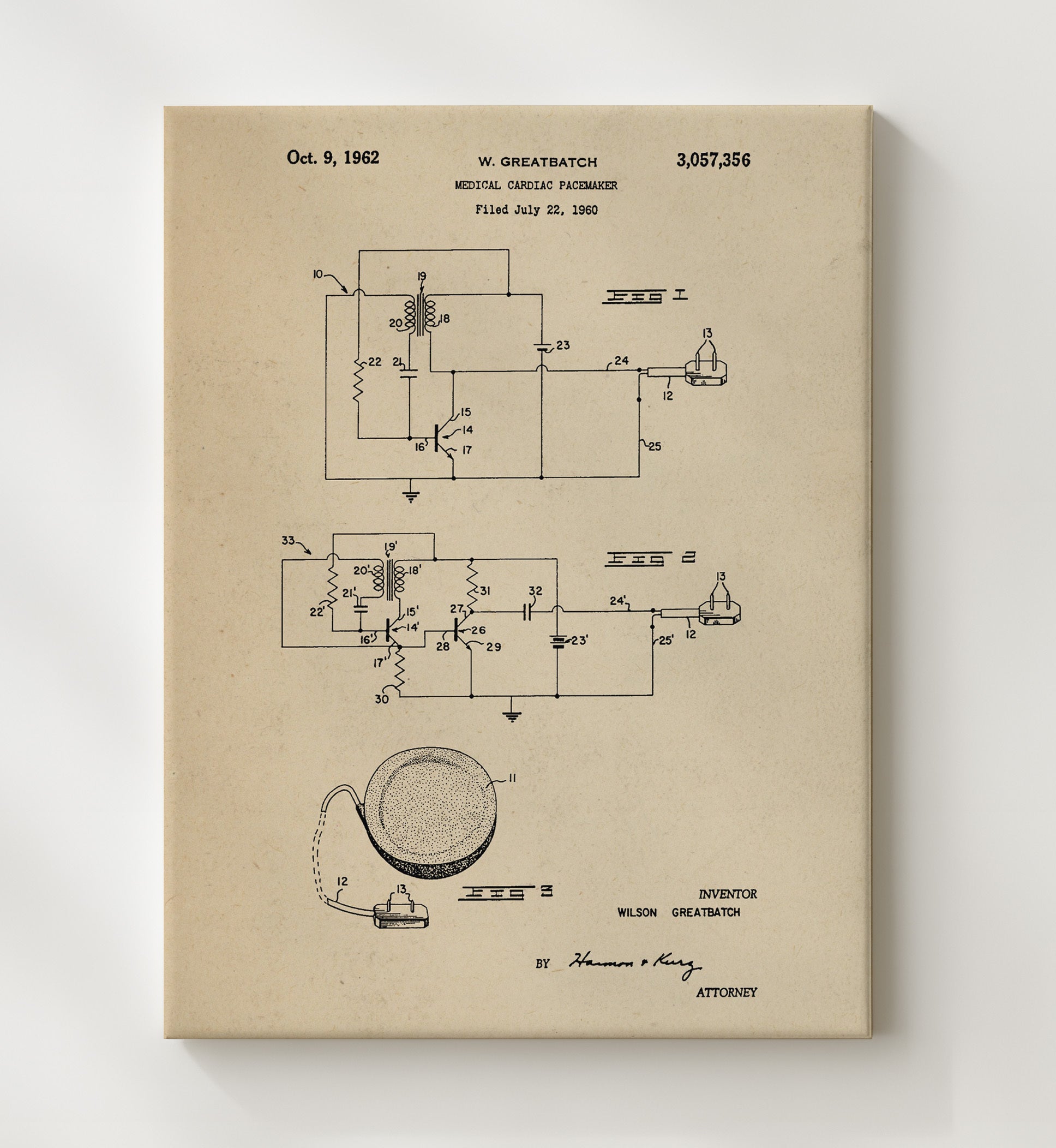 Patent Print - Cardiac Pacemaker - Wilson Greatbatch - 1962 - Patent 3057356 Patent Wall Art
