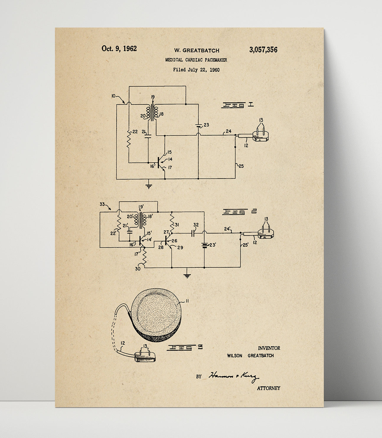 Patent Print - Cardiac Pacemaker - Wilson Greatbatch - 1962 - Patent 3057356 Patent Wall Art