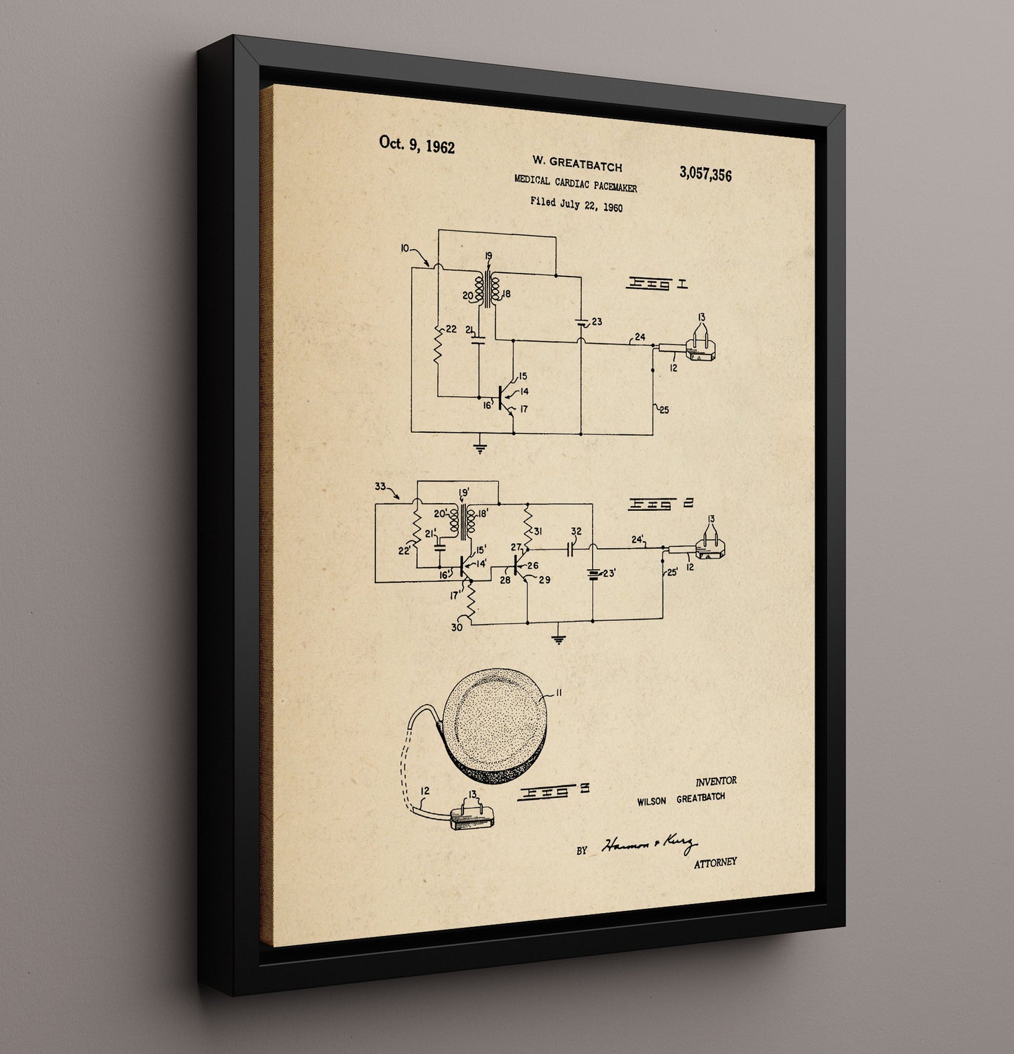Patent Print - Cardiac Pacemaker - Wilson Greatbatch - 1962 - Patent 3057356 Patent Wall Art