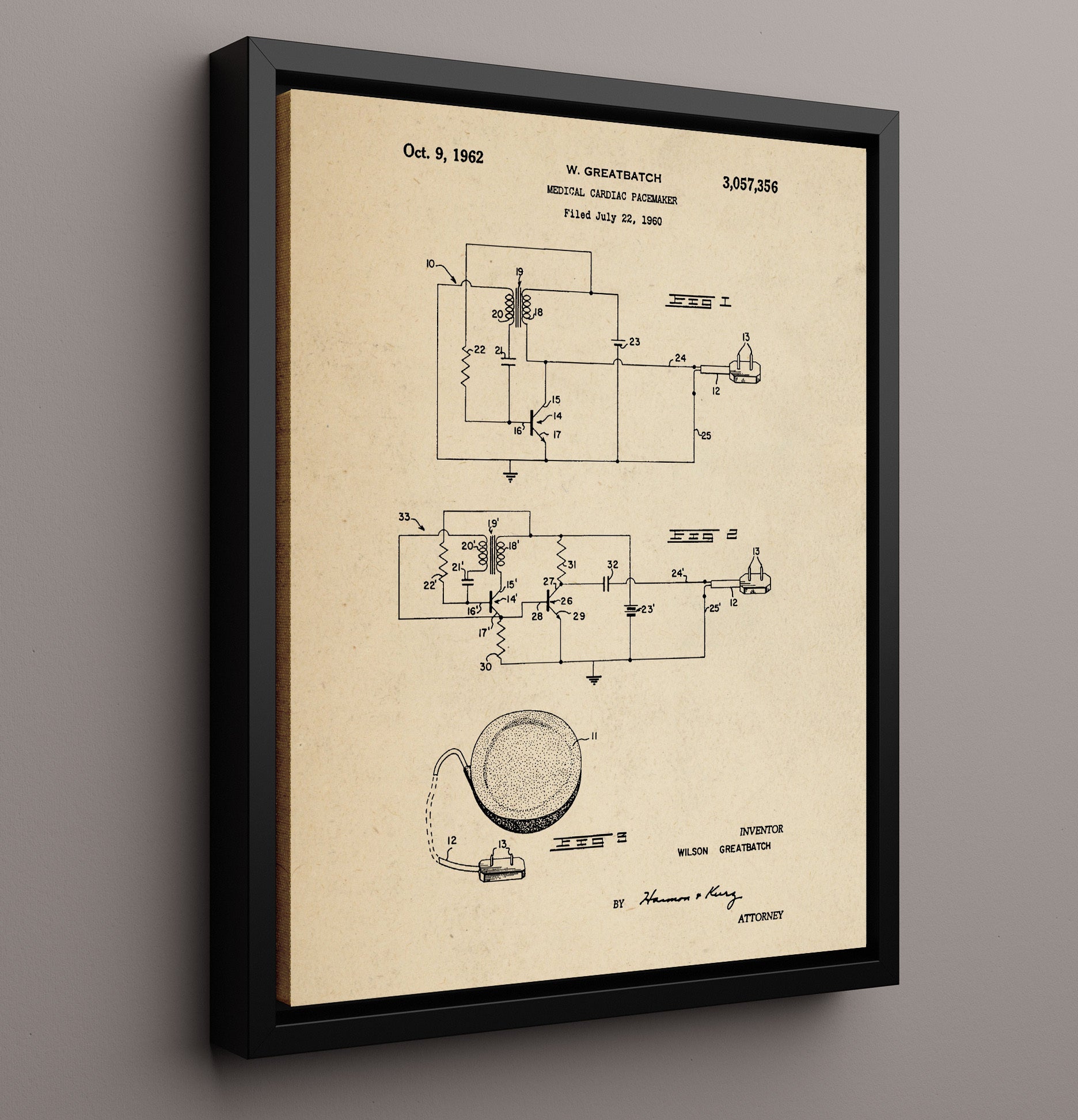 Patent Print - Cardiac Pacemaker - Wilson Greatbatch - 1962 - Patent 3057356 Patent Wall Art