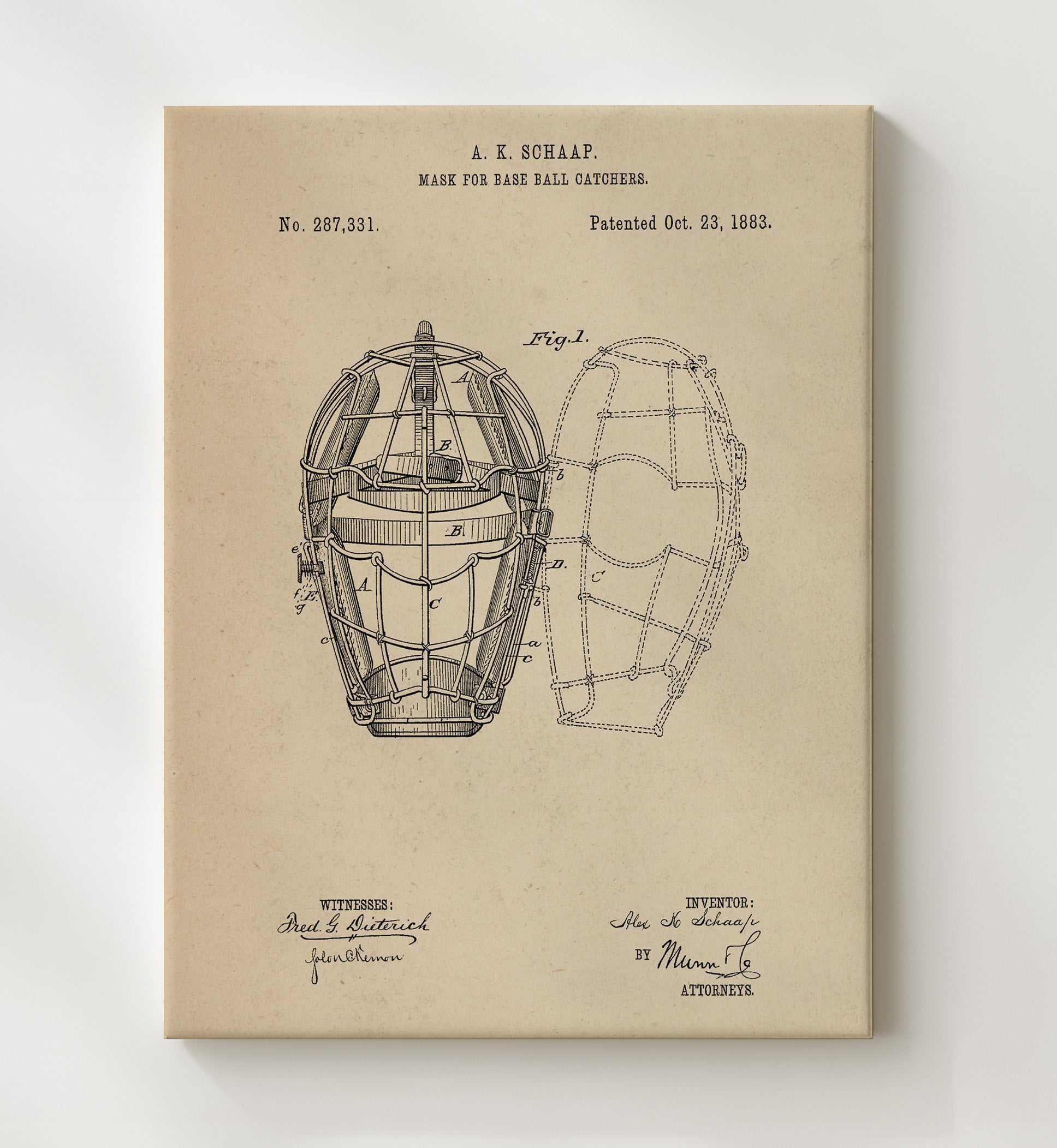 Patent Print - Catchers Mask - A K Schaap - 1883 - Patent 287331 Patent Wall Art