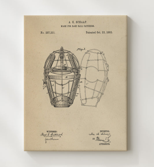 Catchers Mask 1883 patent print wall art 8x10 Canvas