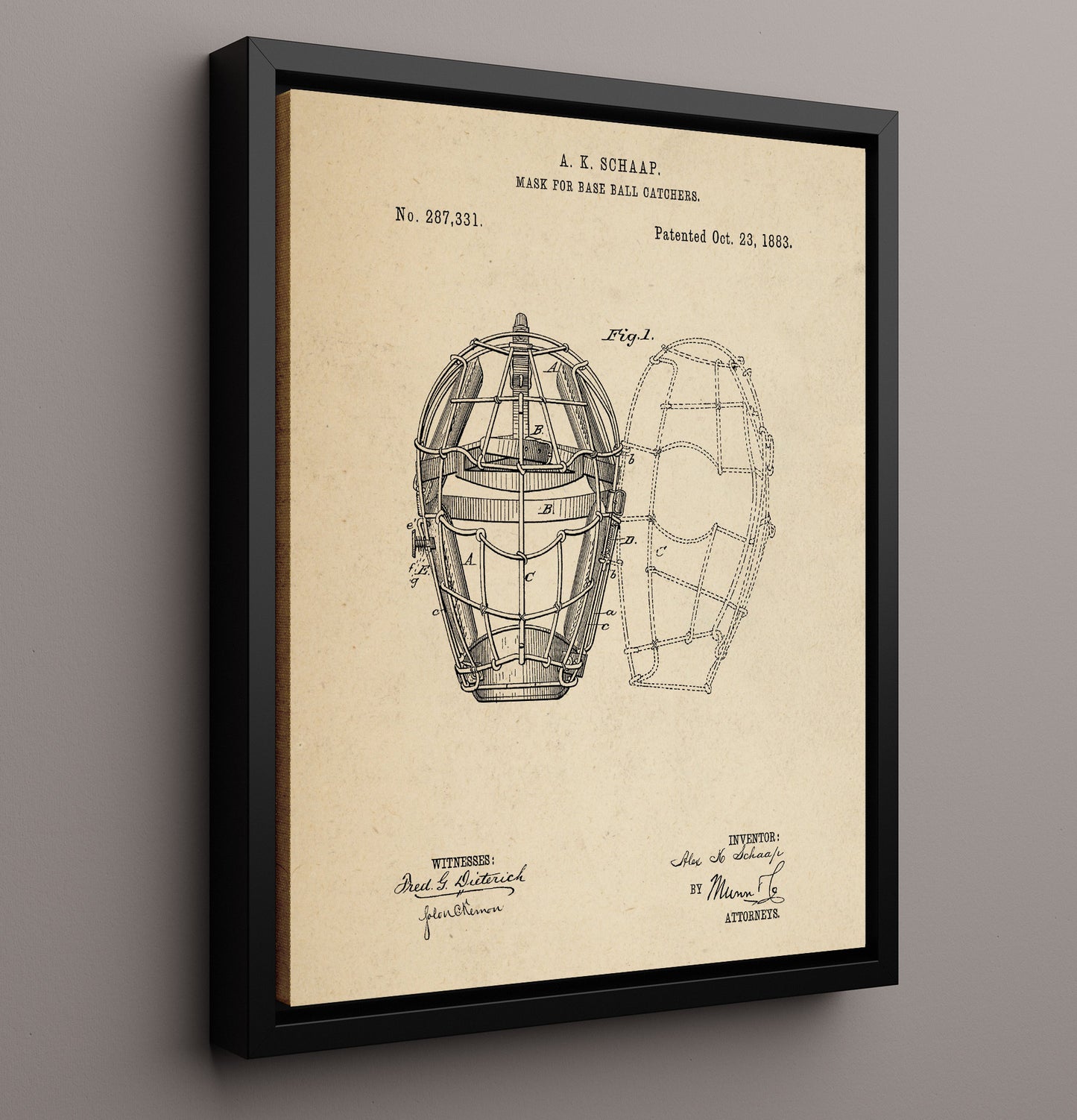 Patent Print - Catchers Mask - A K Schaap - 1883 - Patent 287331 Patent Wall Art