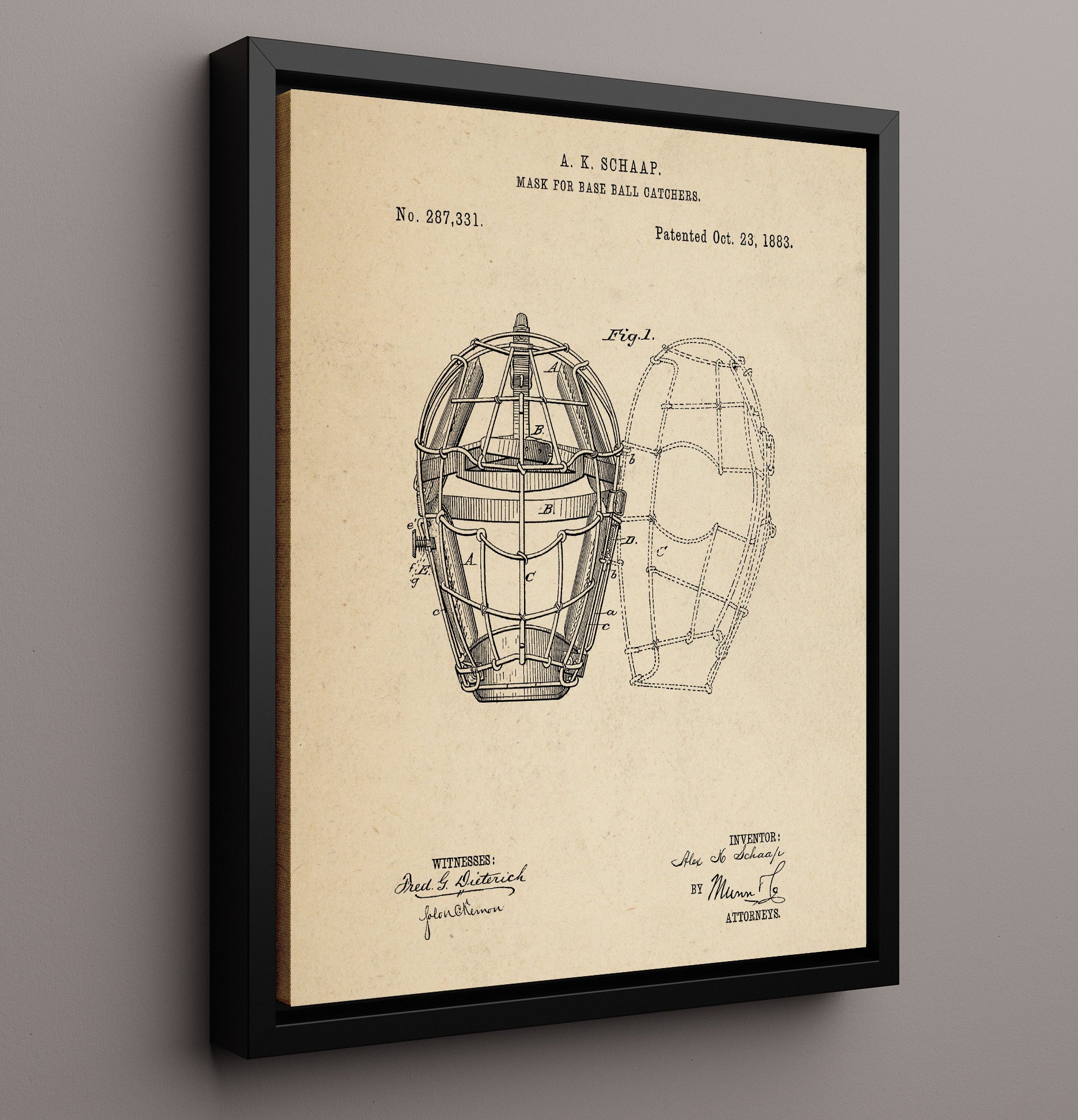Patent Print - Catchers Mask - A K Schaap - 1883 - Patent 287331 Patent Wall Art
