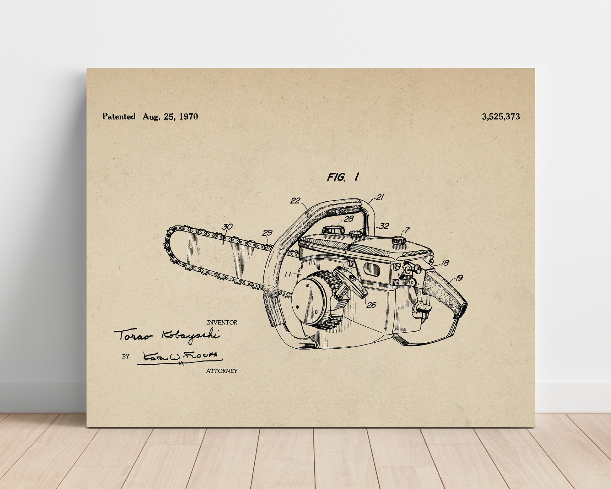 Patent Print - Chainsaw - Torao Kobayashi - 1970 - Patent 3525373 - Landscape Patent Wall Art