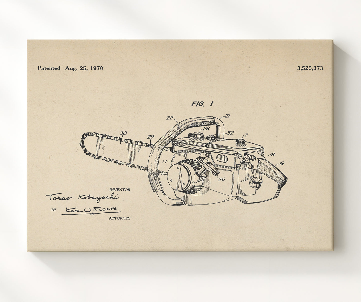 Patent Print - Chainsaw - Torao Kobayashi - 1970 - Patent 3525373 - Landscape Patent Wall Art