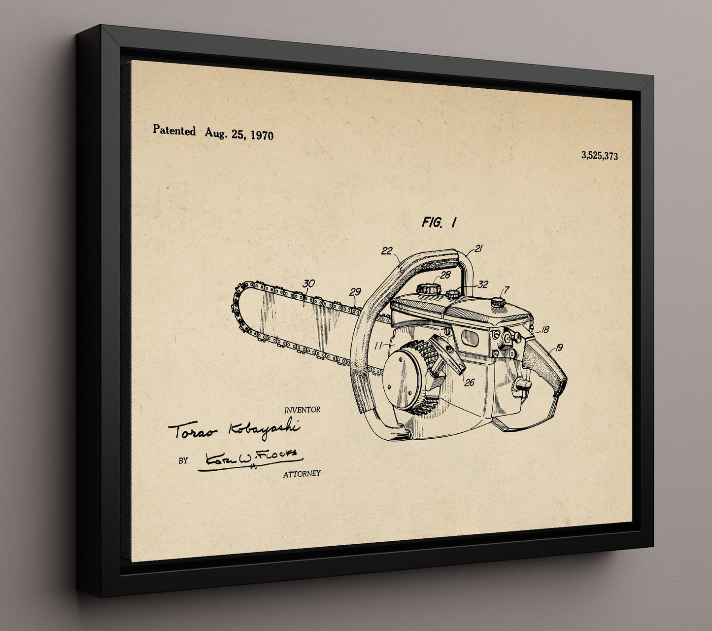 Patent Print - Chainsaw - Torao Kobayashi - 1970 - Patent 3525373 - Landscape Patent Wall Art