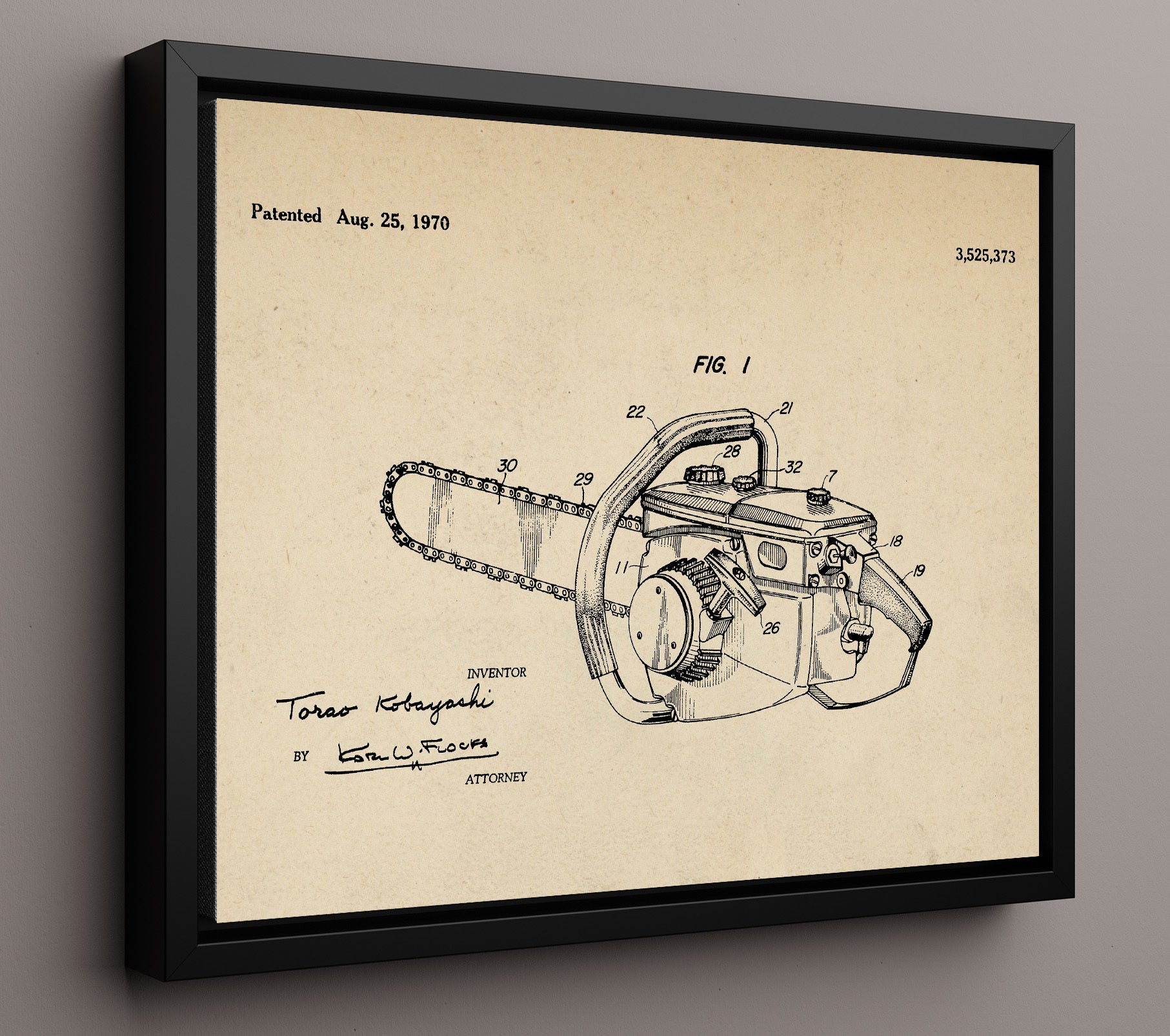 Patent Print - Chainsaw - Torao Kobayashi - 1970 - Patent 3525373 - Landscape Patent Wall Art