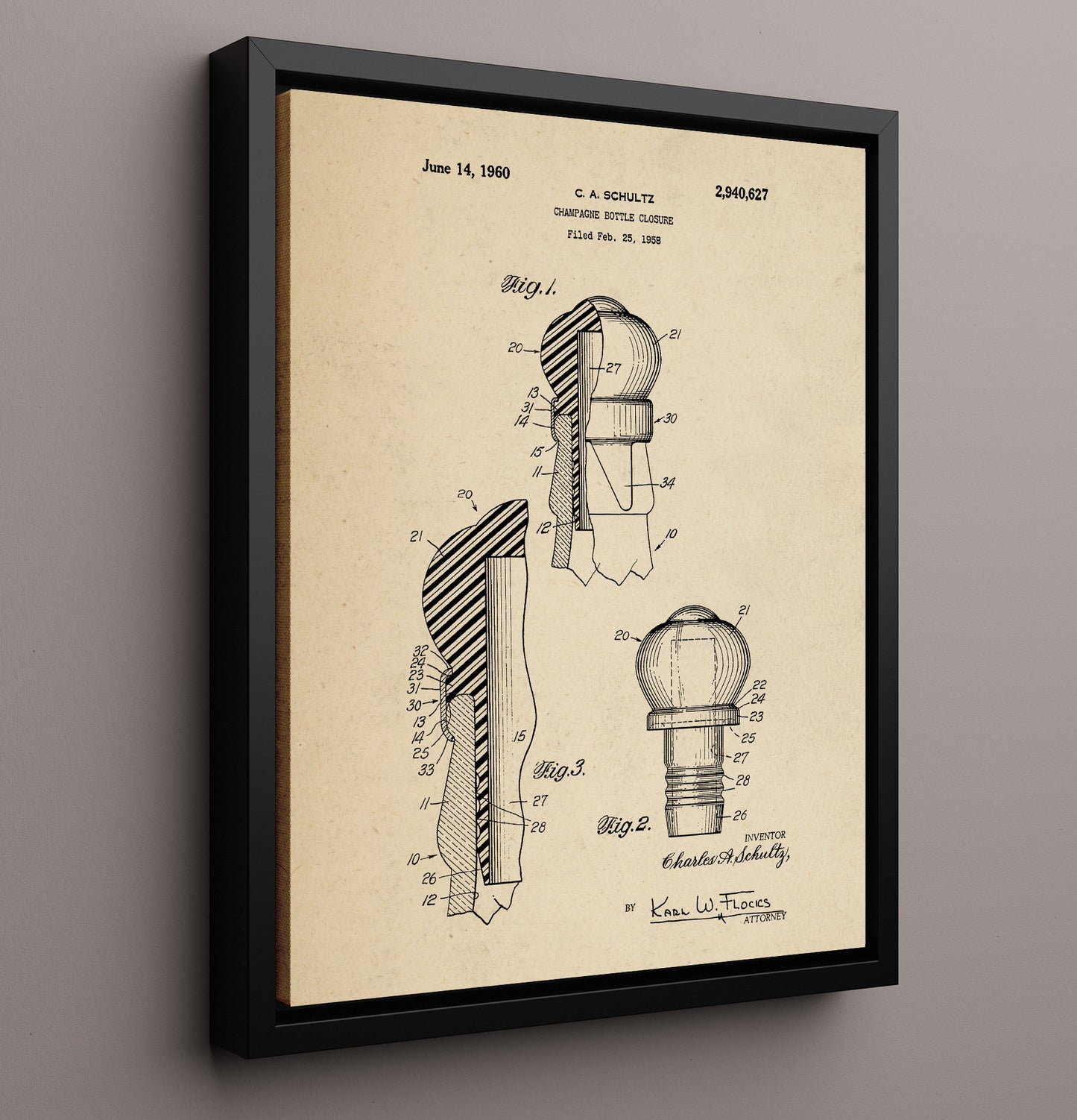 Patent Print - Champagne Bottle Closure - C.A. Schultz - 1960 - Patent 2940627 Patent Wall Art