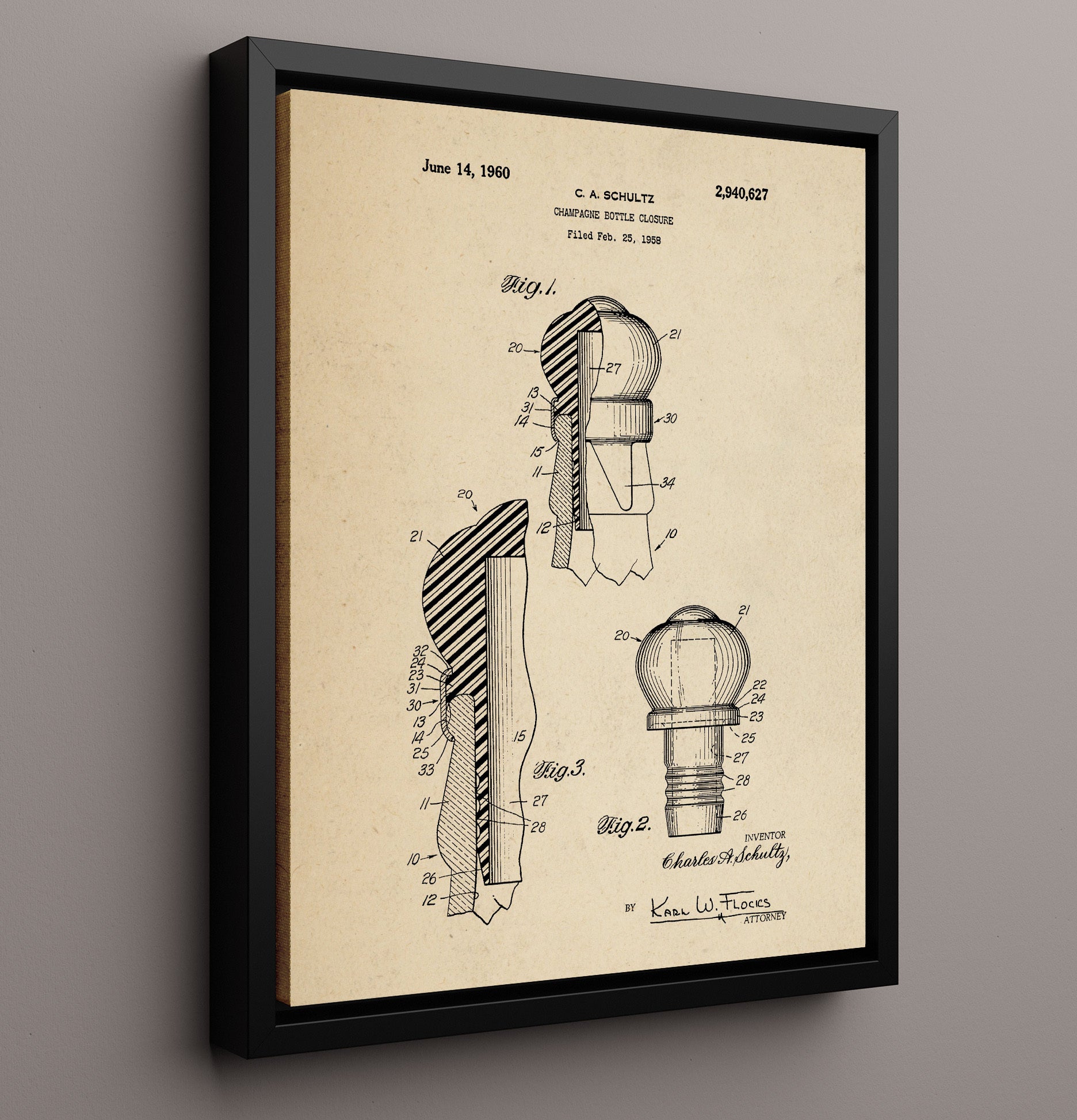 Patent Print - Champagne Bottle Closure - C.A. Schultz - 1960 - Patent 2940627 Patent Wall Art
