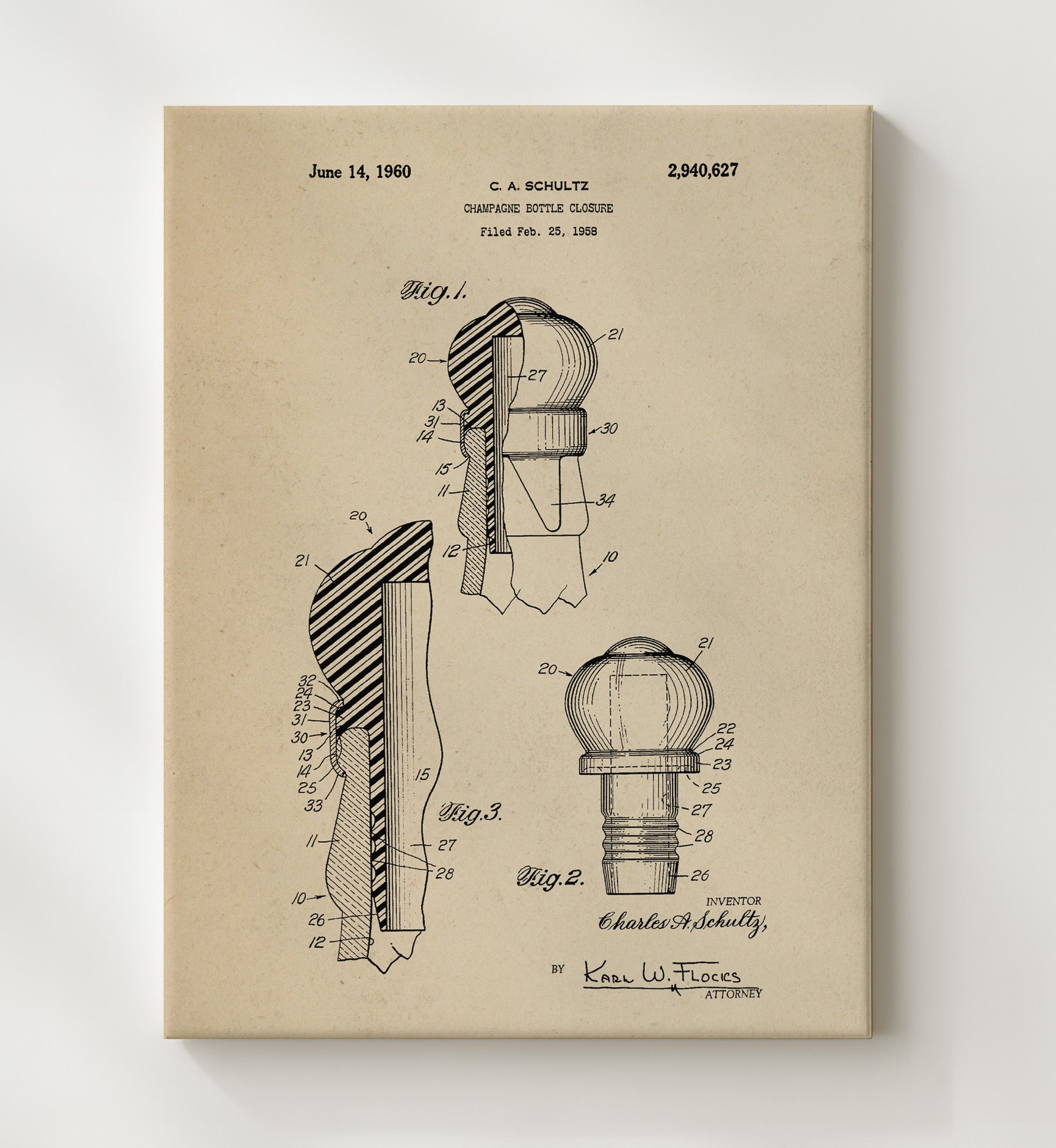 Patent Print - Champagne Bottle Closure - C.A. Schultz - 1960 - Patent 2940627 Patent Wall Art