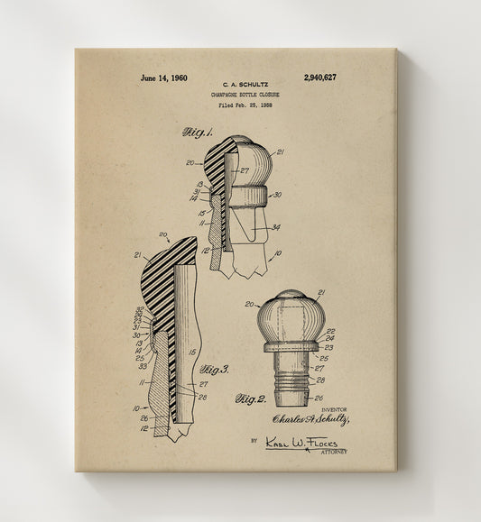 Champagne Bottle Closure 1960 patent print wall art 8x10 Canvas