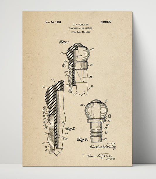 Champagne Bottle Closure - 1960 Patent - 16x20 Unframed Print