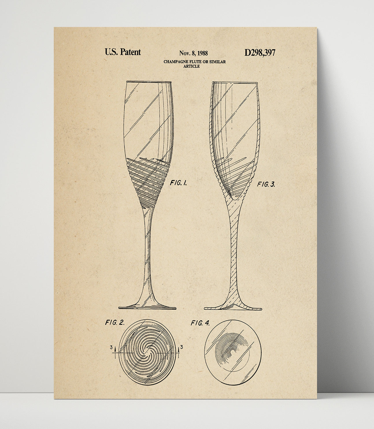 Patent Print - Champagne Flute Or Similar Article - Unknown Inventor - 1988 - Patent D298397 Patent Wall Art