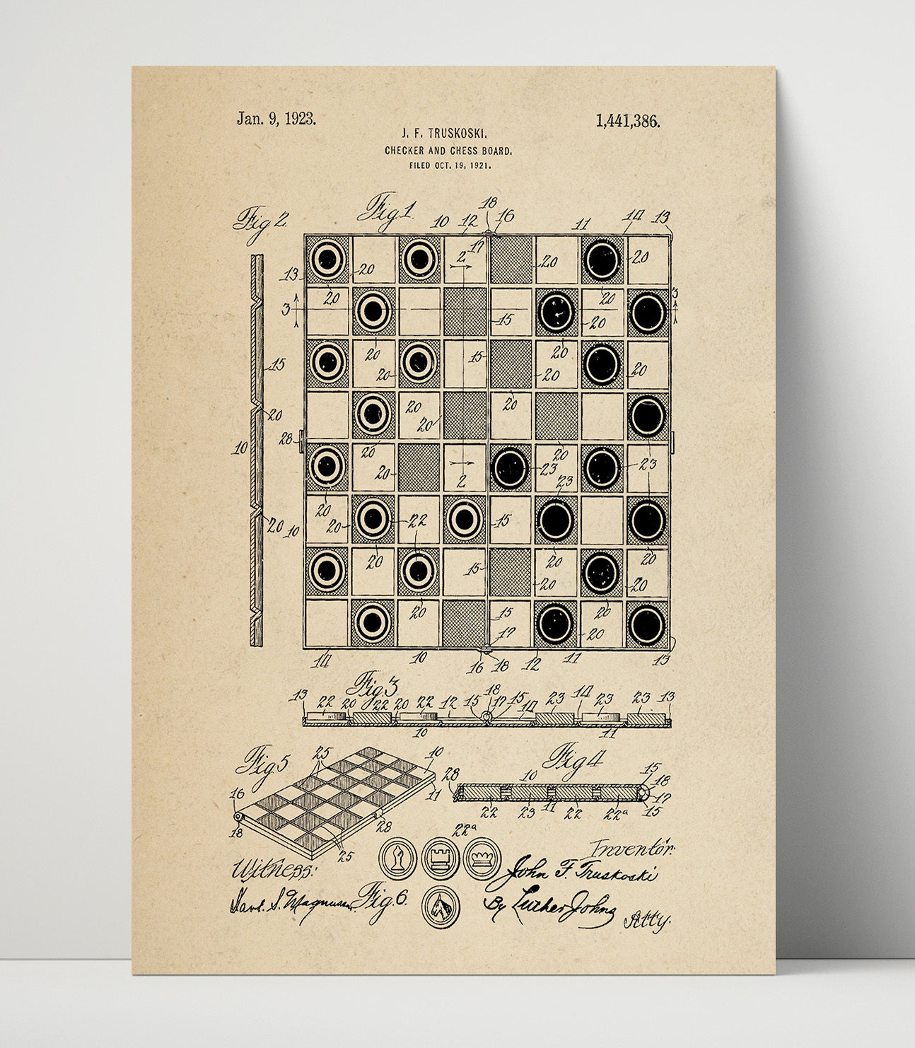 Patent Print - Checker And Chess Board - J F Truskoski - 1923 - Patent 1441386 Patent Wall Art
