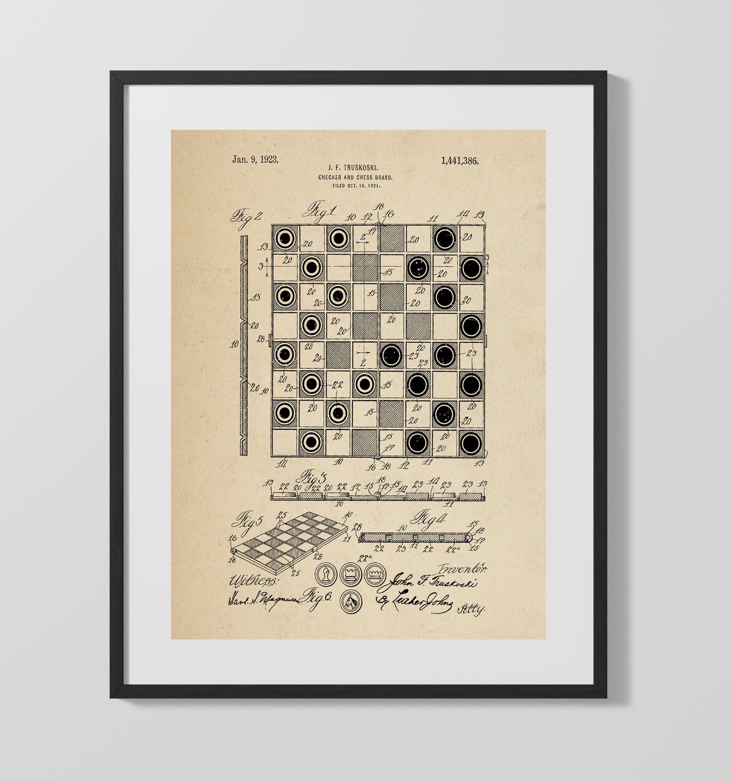 Patent Print - Checker And Chess Board - J F Truskoski - 1923 - Patent 1441386 Patent Wall Art